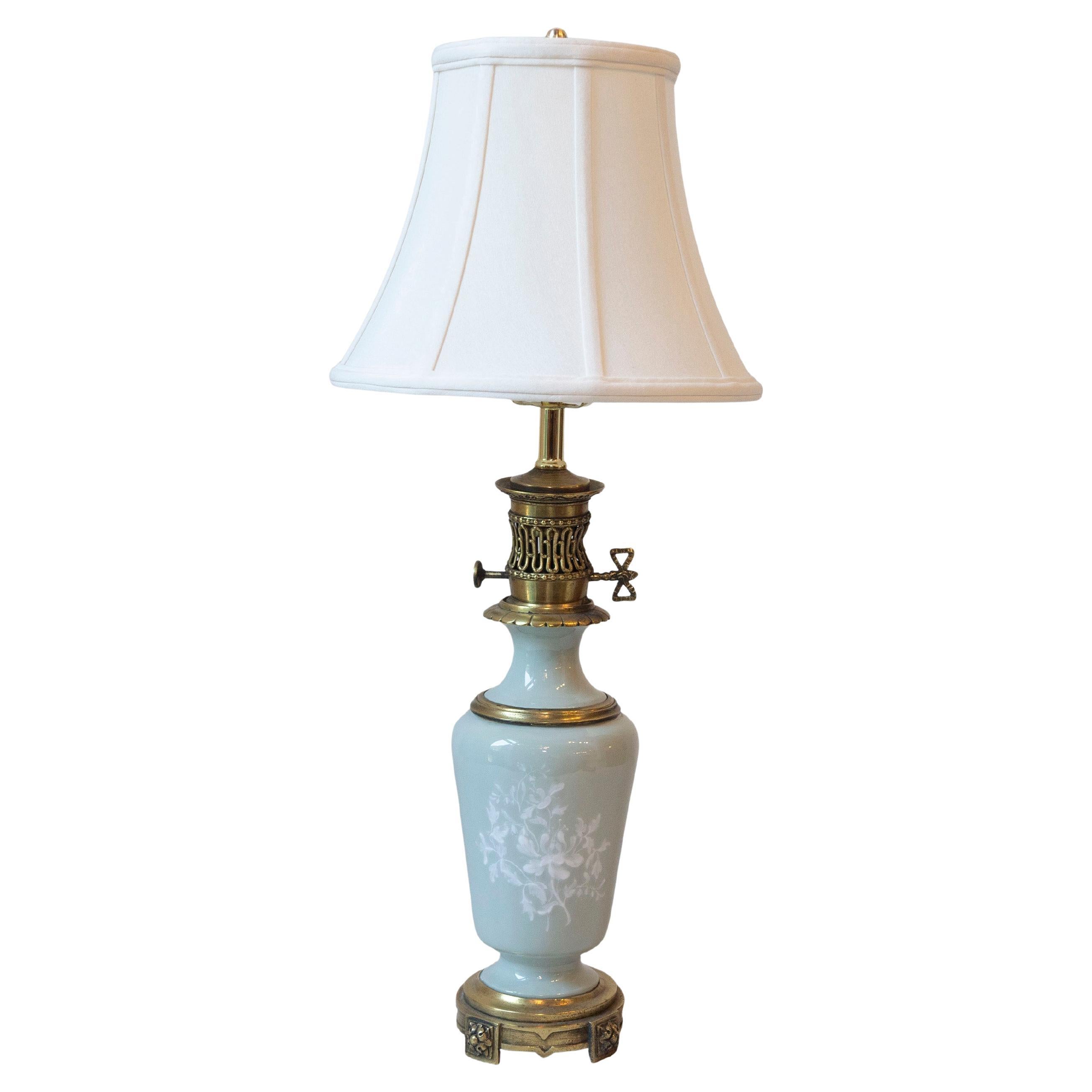 19th-Century French Porcelain and Bronze Table Lamp with Floral Motif