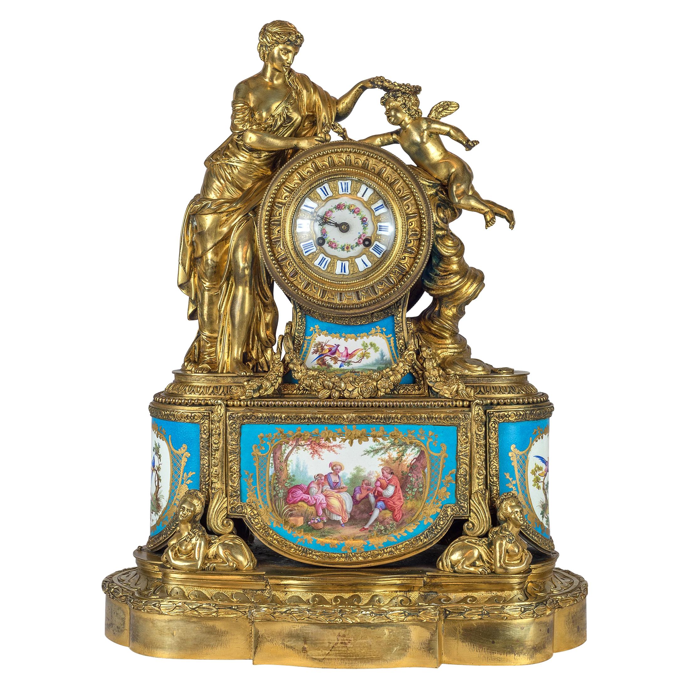 19th Century French Porcelain and Gilt Bronze Figural Mantel Clock