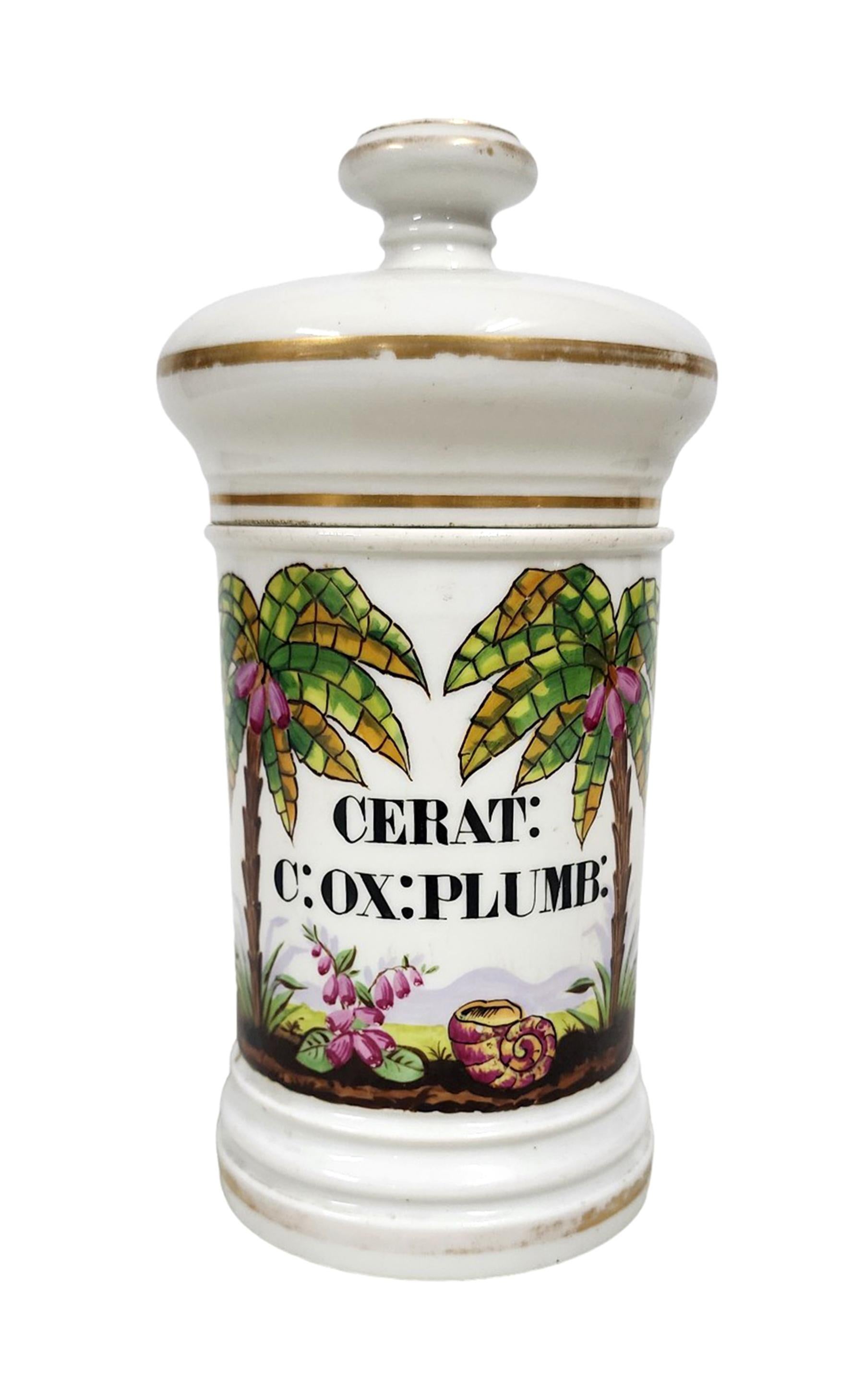 Mid-19th century french glazed porcelain apothecary/pharmaceutical jar with lid - 'CERAT: C: OX: PLUMB:'

By: Langlois (in the style of)
Material: ceramic, porcelain, paint, enamel
Technique: molded, pressed, painted, hand-painted, hand-crafted,