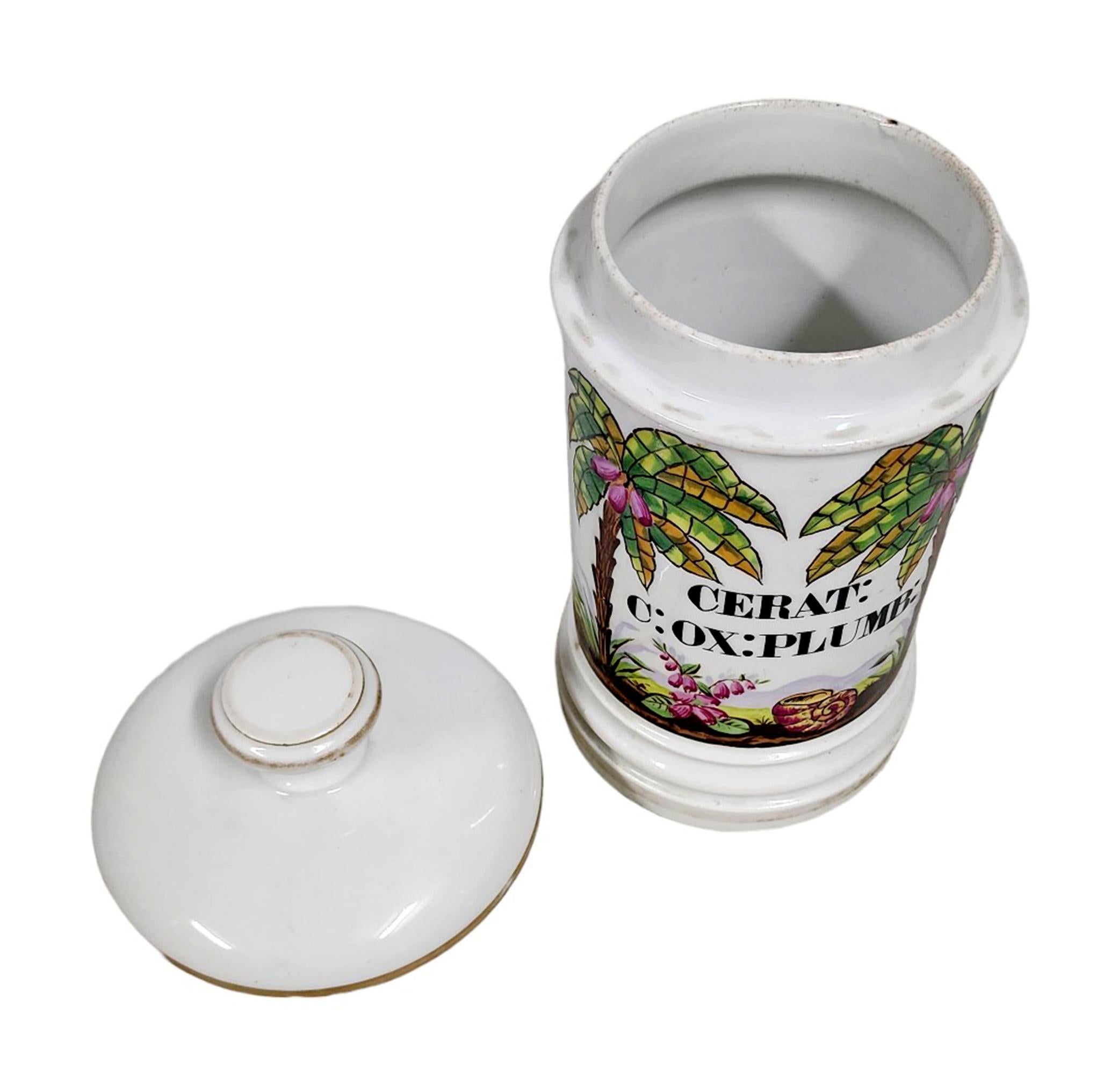 19th Century French Porcelain Apothecary/Pharmacy Jar - 'CERAT: C: OX: PLUMB:' In Good Condition For Sale In North Miami, FL