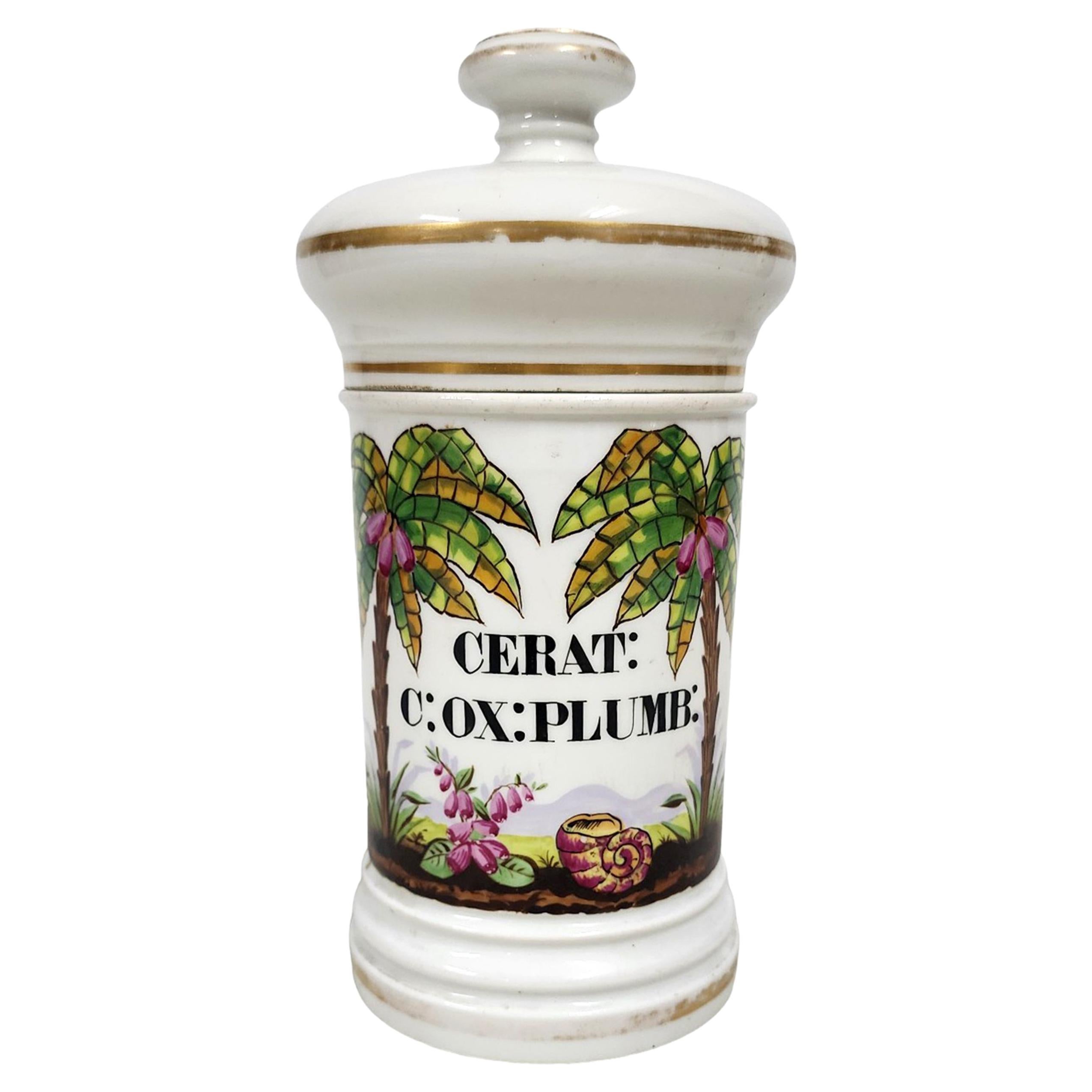 Bote de botica/farmacia de porcelana francesa del siglo XIX - 'CERAT: C: OX: PLUMB:'