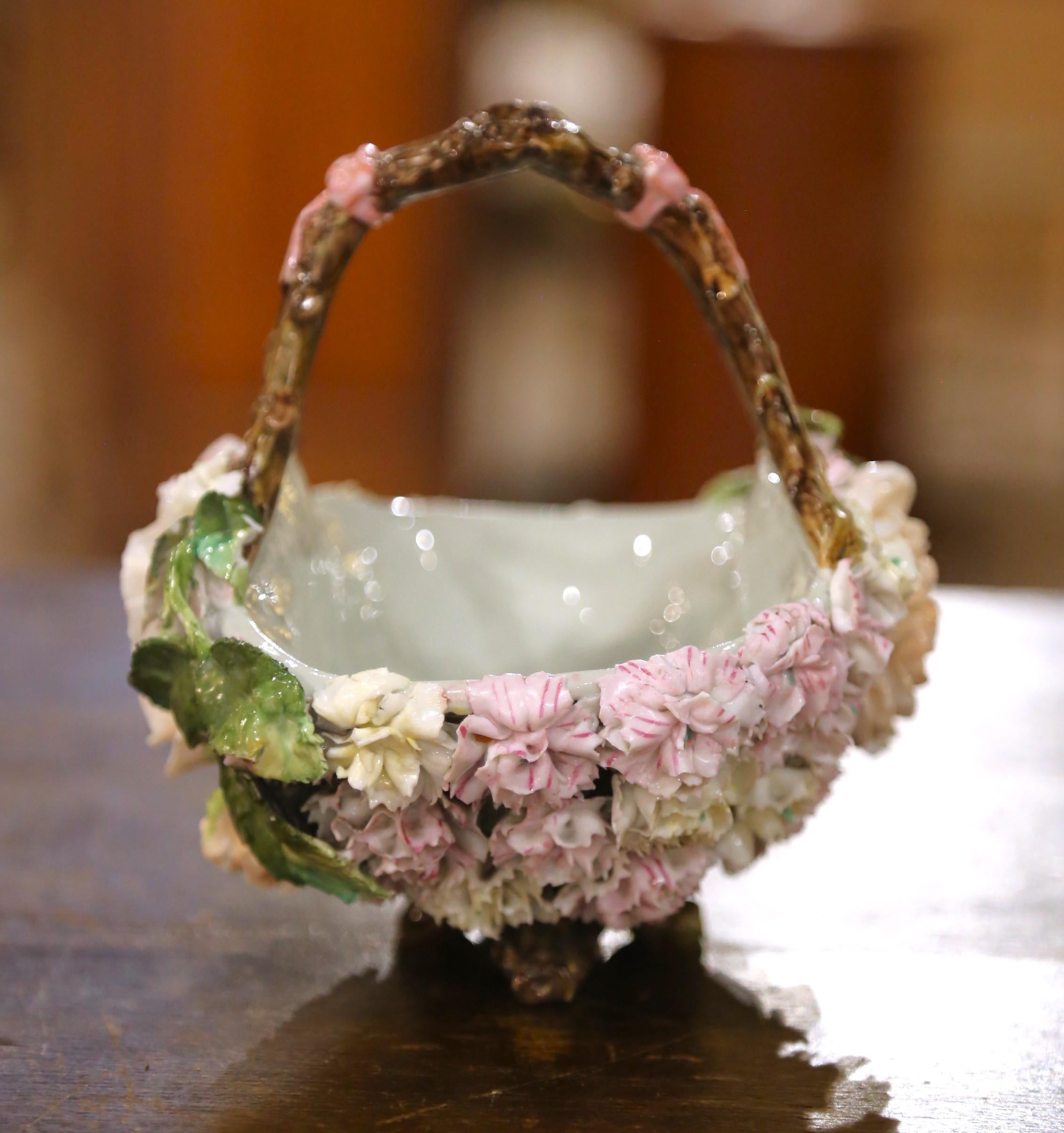 Hand-Crafted 19th Century French Porcelain Barbotine Flower Basket with Twig Handle For Sale