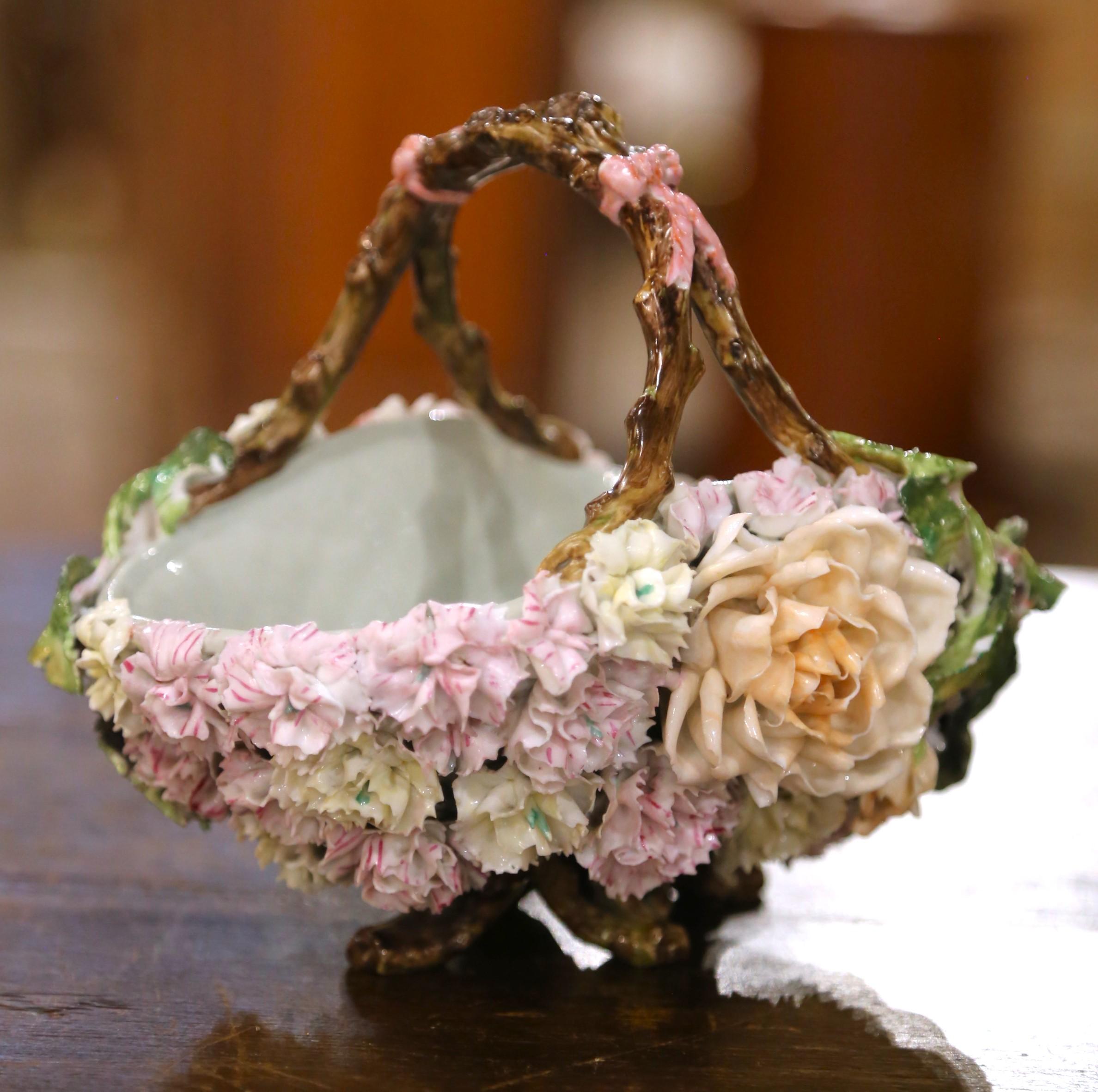 19th Century French Porcelain Barbotine Flower Basket with Twig Handle In Excellent Condition For Sale In Dallas, TX