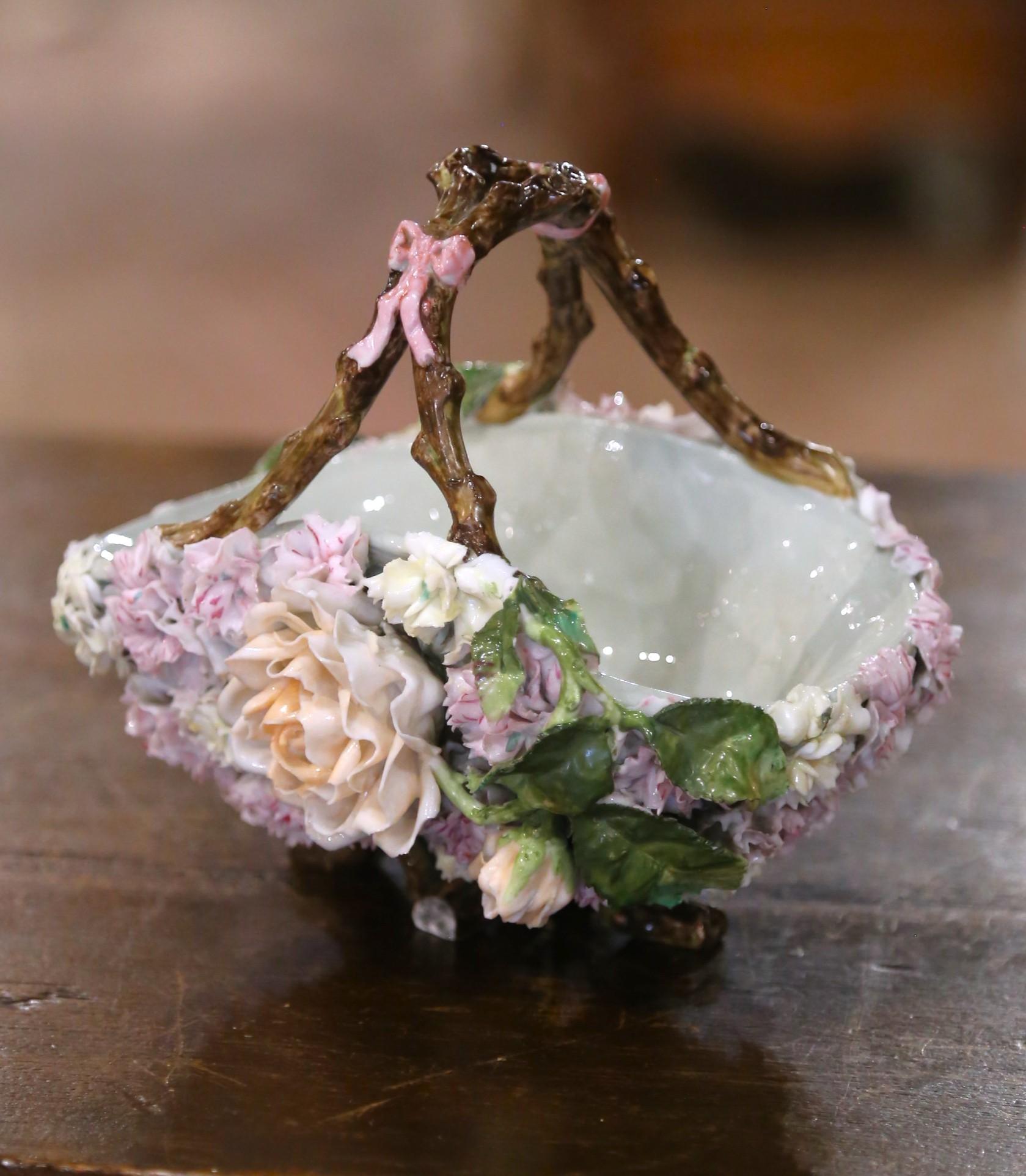 Ceramic 19th Century French Porcelain Barbotine Flower Basket with Twig Handle For Sale