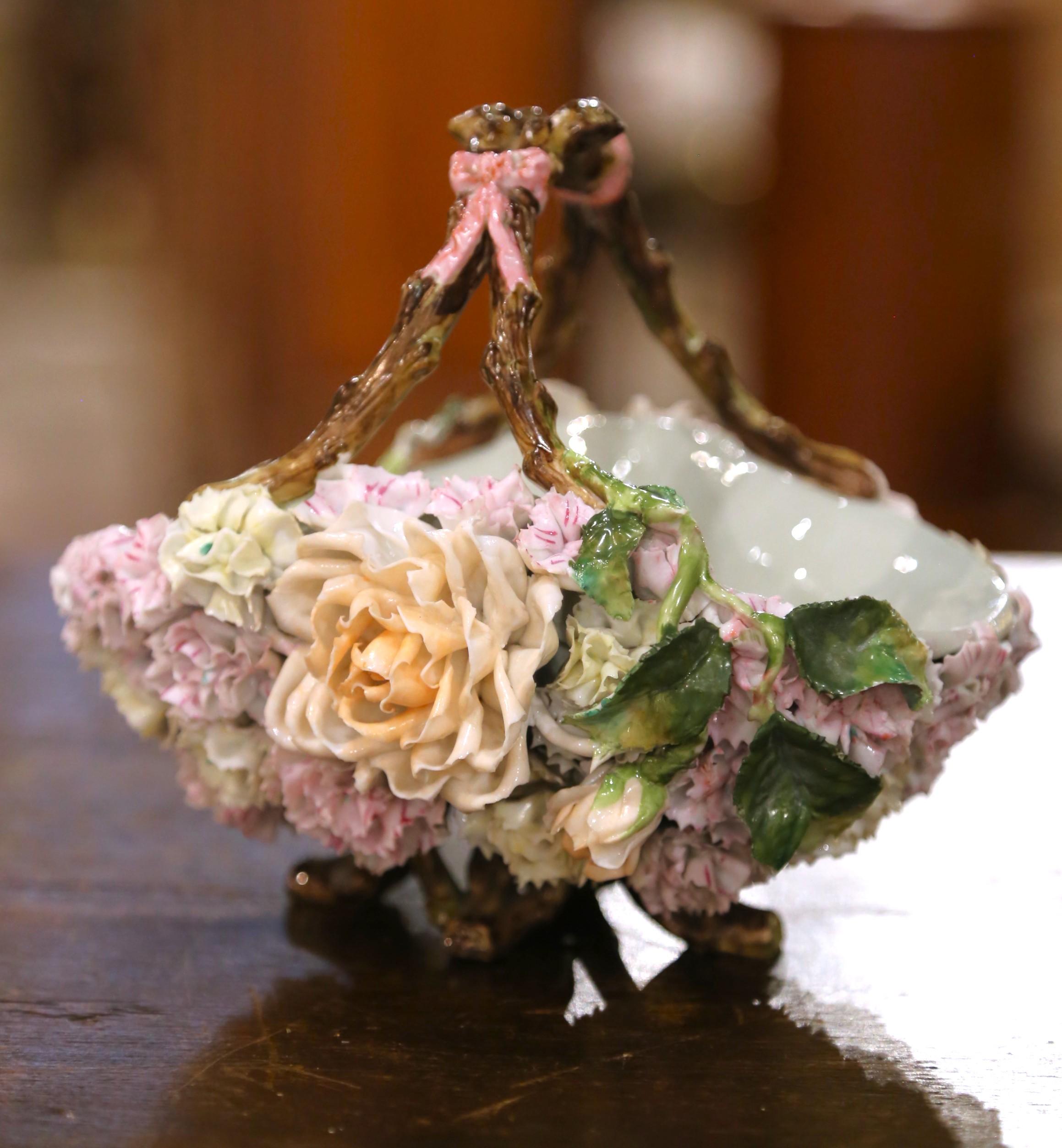 19th Century French Porcelain Barbotine Flower Basket with Twig Handle For Sale 1