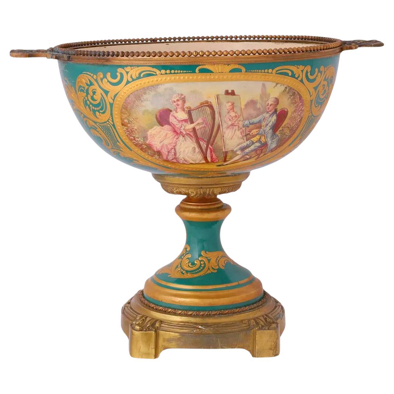 19th Century French Porcelain Bronze Mounted Centerpiece Bowl in Louis XVI Style