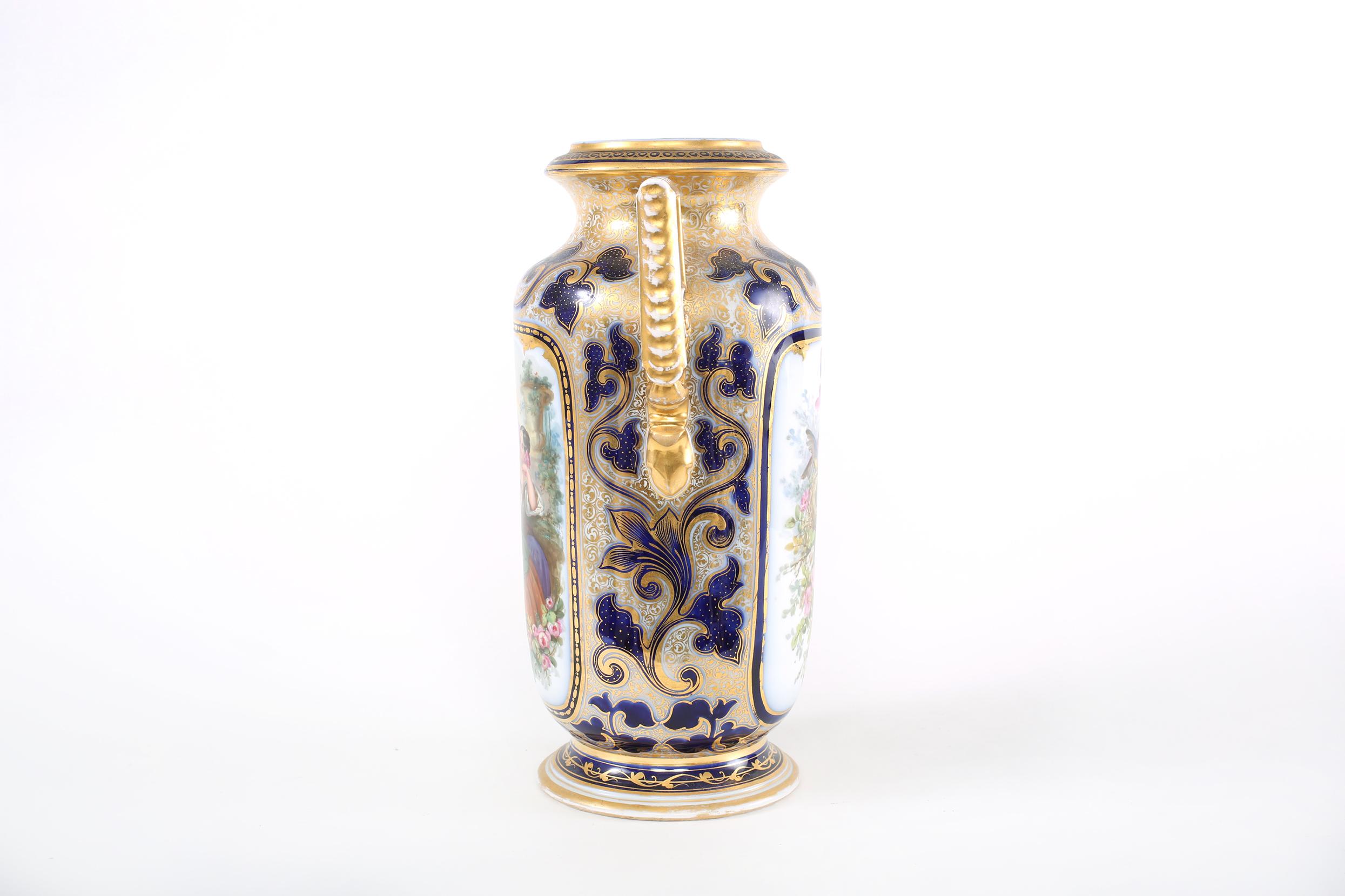 Gilt  French Porcelain Decorative Vase  / Side Handles For Sale