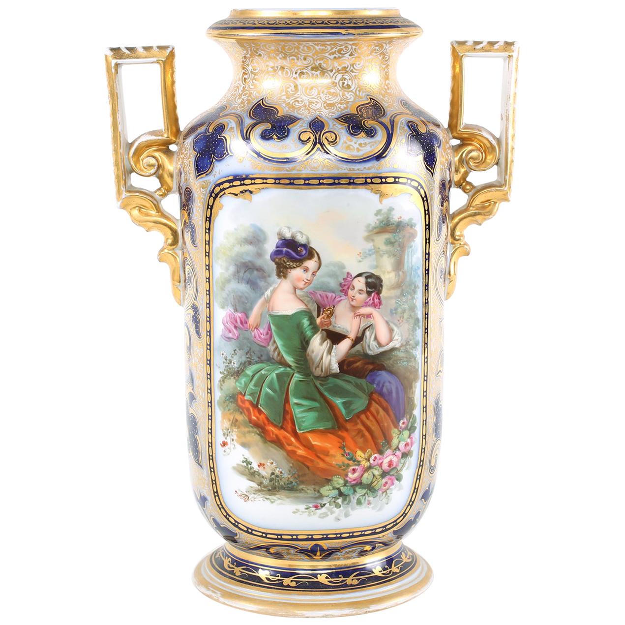 French Porcelain Decorative Vase  / Side Handles