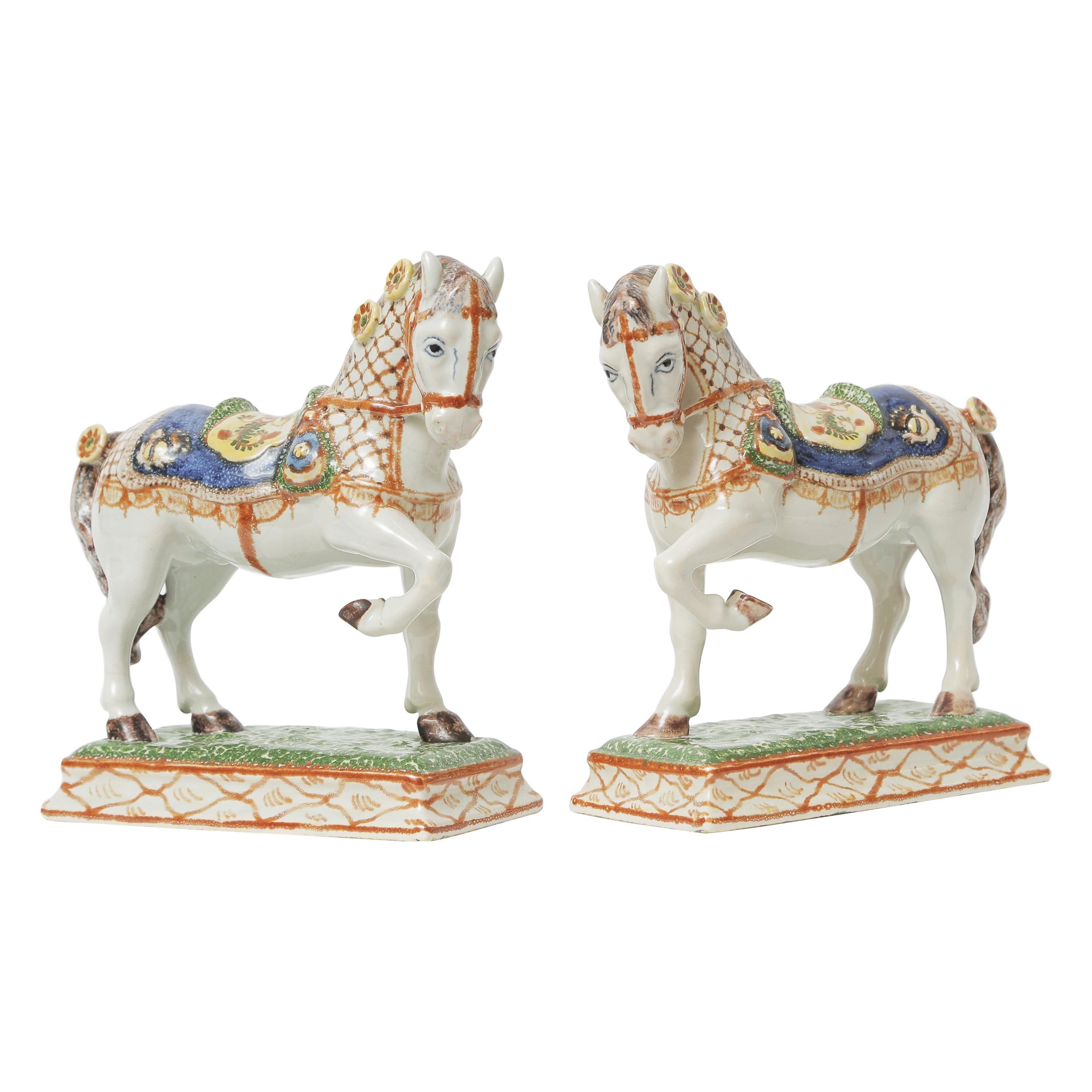 19th Century French Porcelain Horse Sculptures. Hand Painted Great Detail, Pair