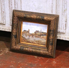 19th Century French Porcelain Painting of the City of Auxerre in Carved Frame