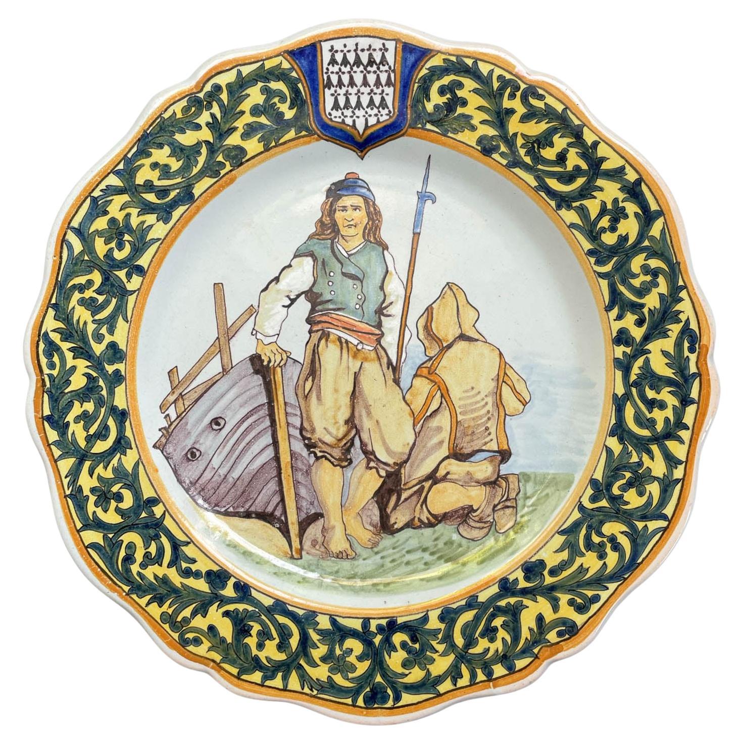 19th Century French Porquier Beau Quimper Faience Plate For Sale
