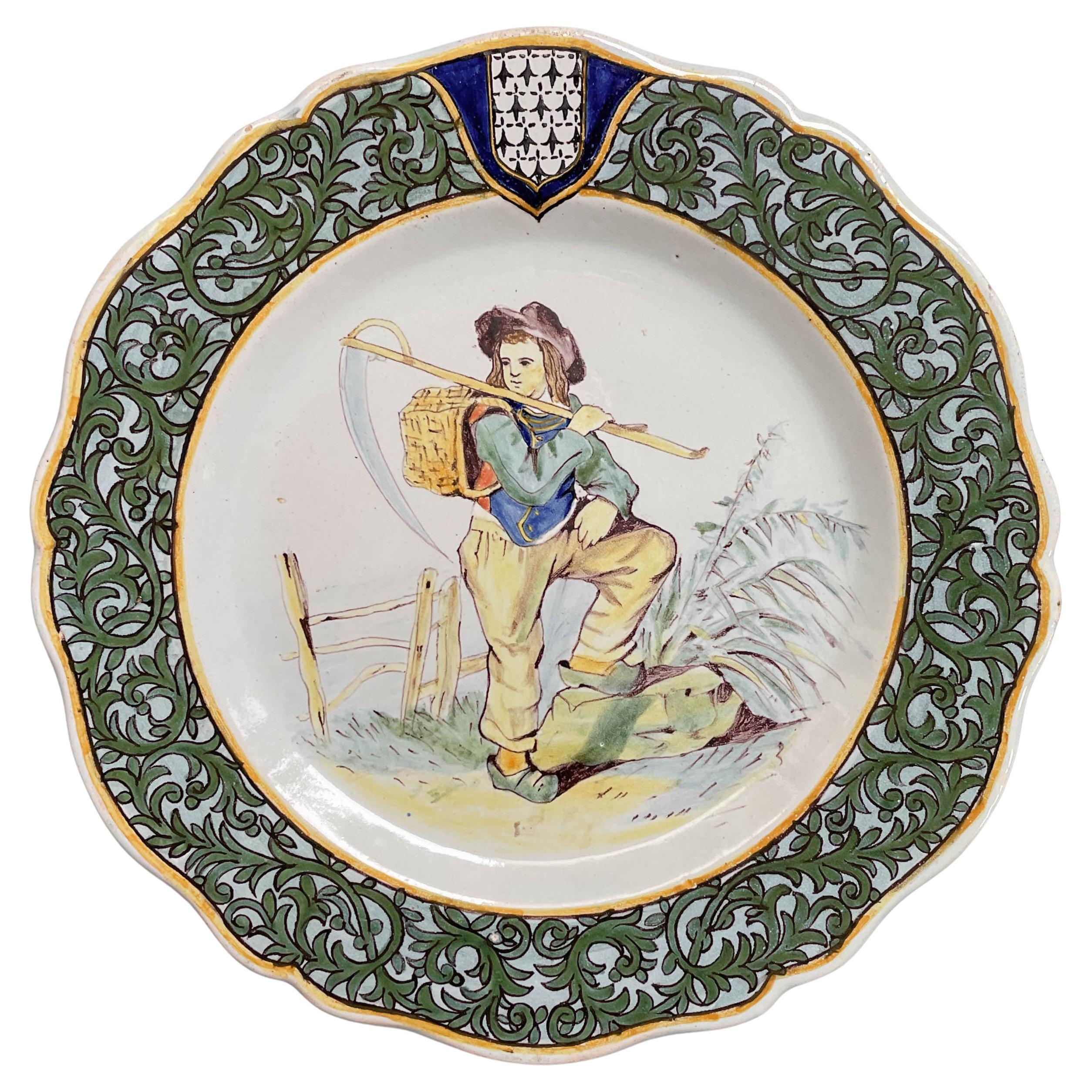 19th Century French Porquier Beau Quimper Faience Plate For Sale