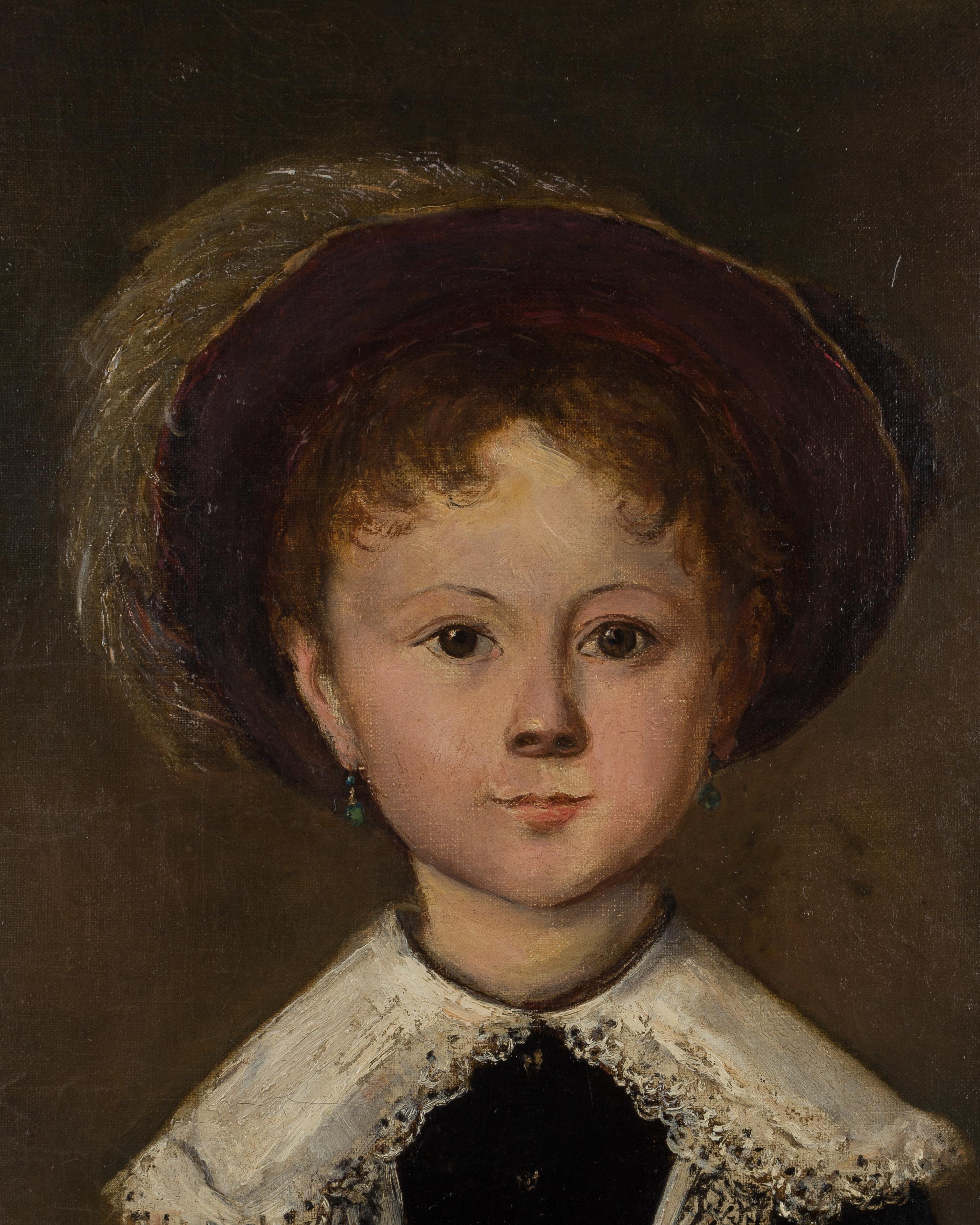 A 19th century French impressionist portrait of a young girl, elegantly dressed and holding her play hoop and stick. The artist beautifully captures her sweet expression and fine clothing. She wears a lace trimmed dark velvet coat and a hat with a