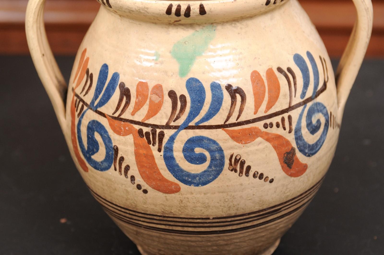 19th Century French Pottery Confit Pot with Cream Glaze, Blue and Brown Motifs 6
