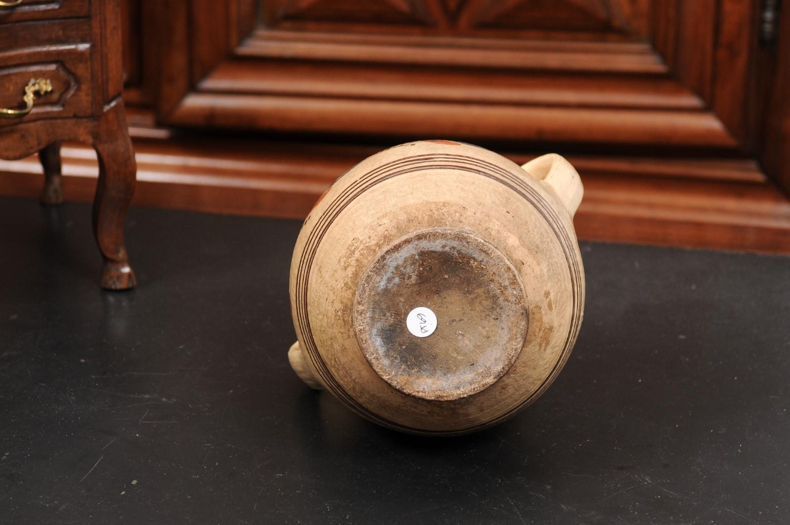 19th Century French Pottery Confit Pot with Cream Glaze, Blue and Brown Motifs 7