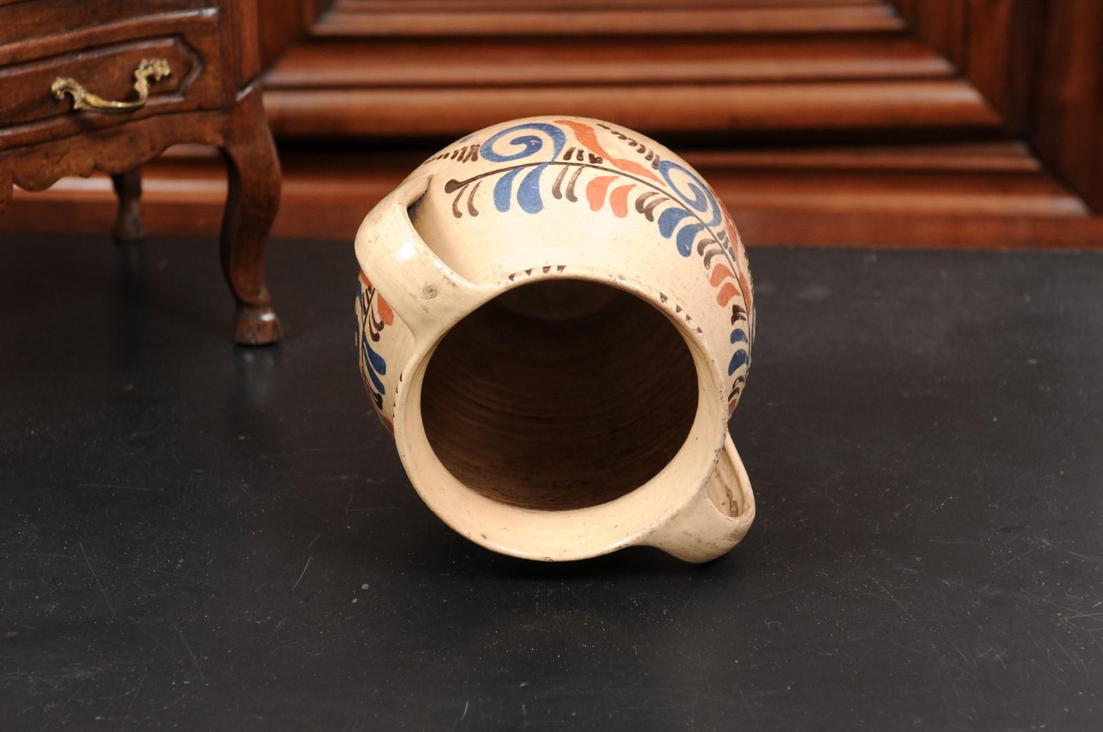 19th Century French Pottery Confit Pot with Cream Glaze, Blue and Brown Motifs 8