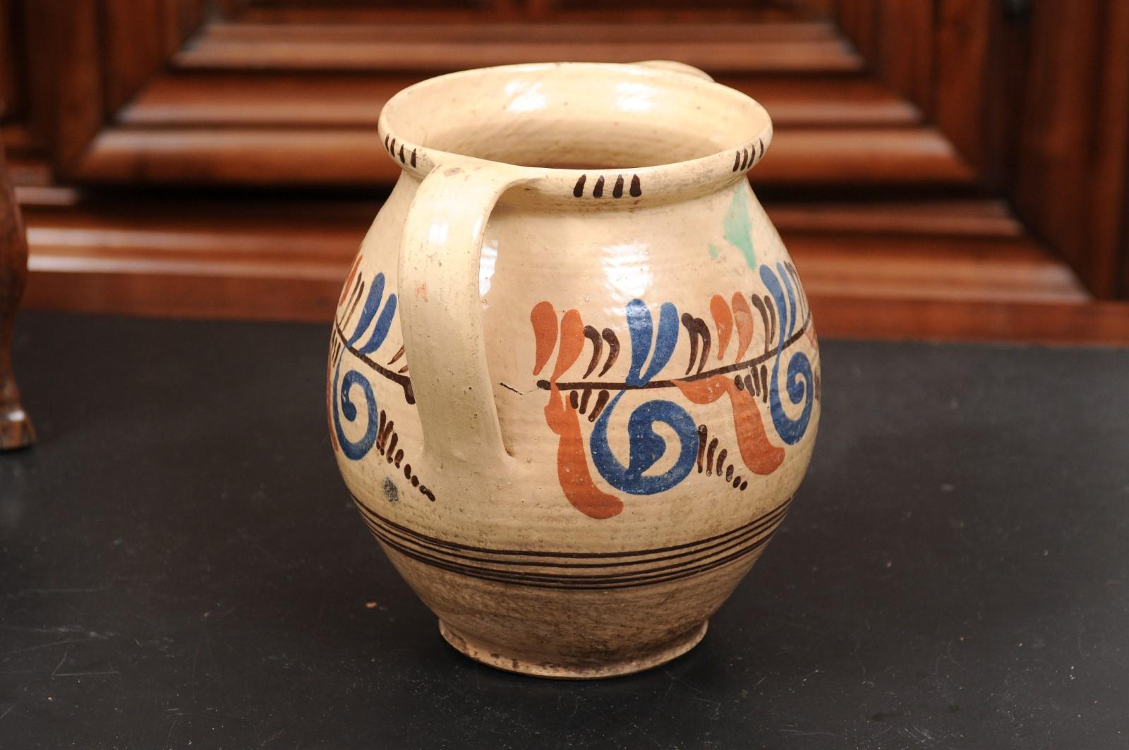 19th Century French Pottery Confit Pot with Cream Glaze, Blue and Brown Motifs In Good Condition In Atlanta, GA