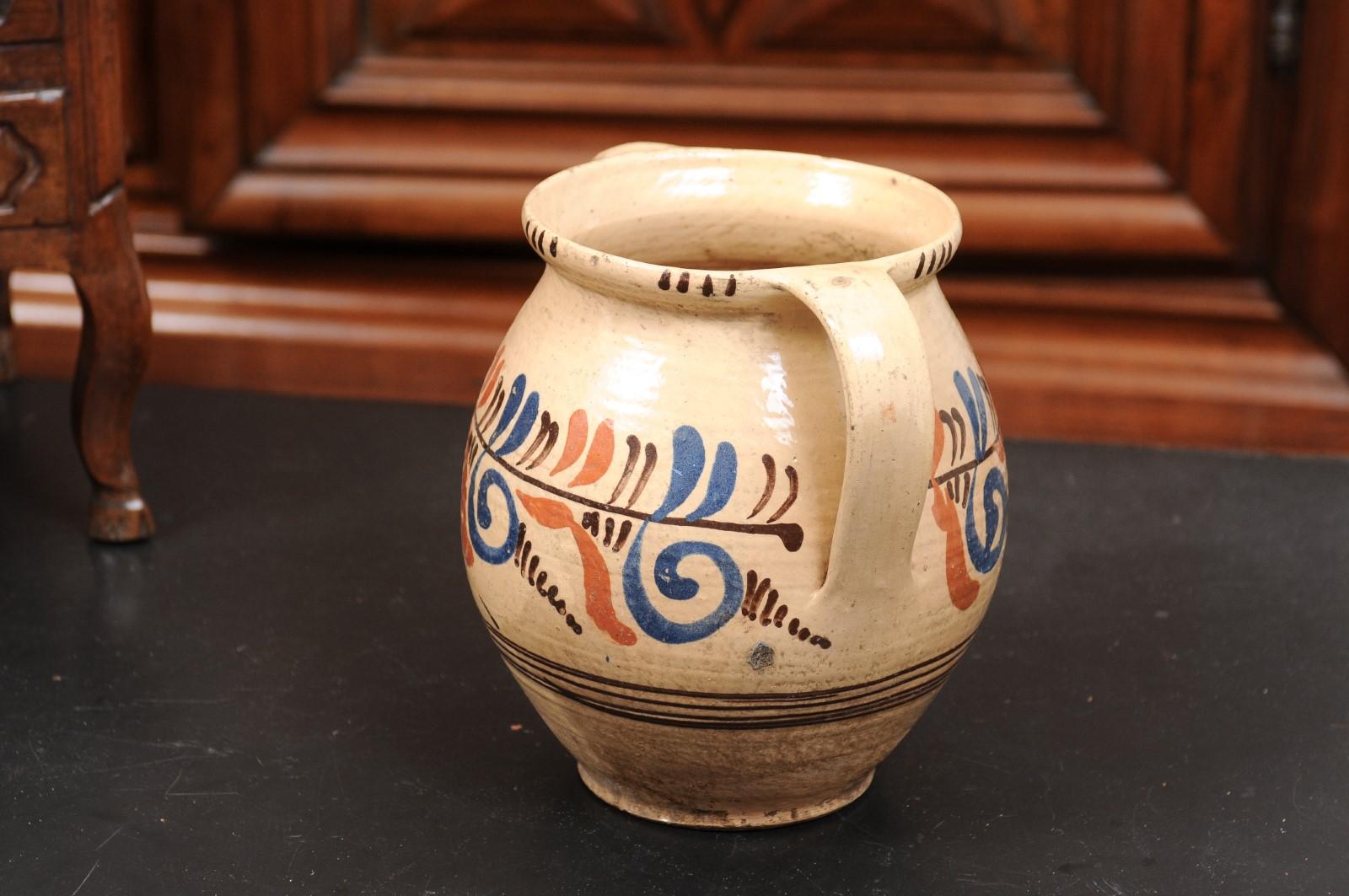 19th Century French Pottery Confit Pot with Cream Glaze, Blue and Brown Motifs 1