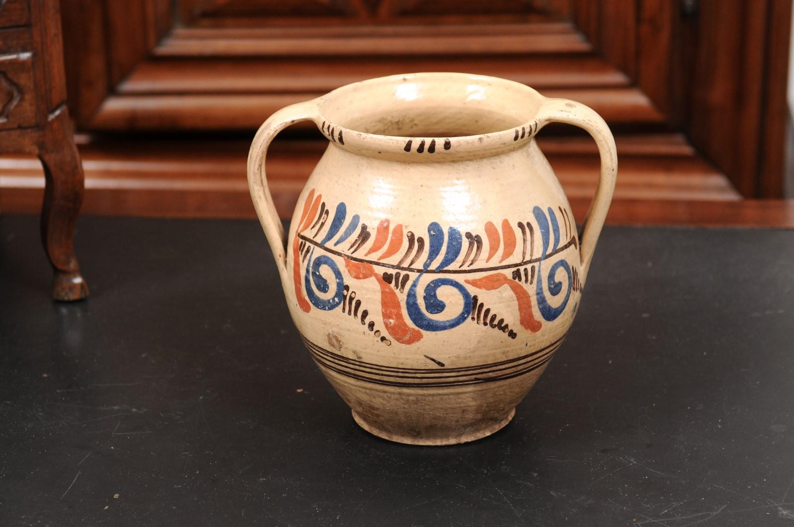 19th Century French Pottery Confit Pot with Cream Glaze, Blue and Brown Motifs 2