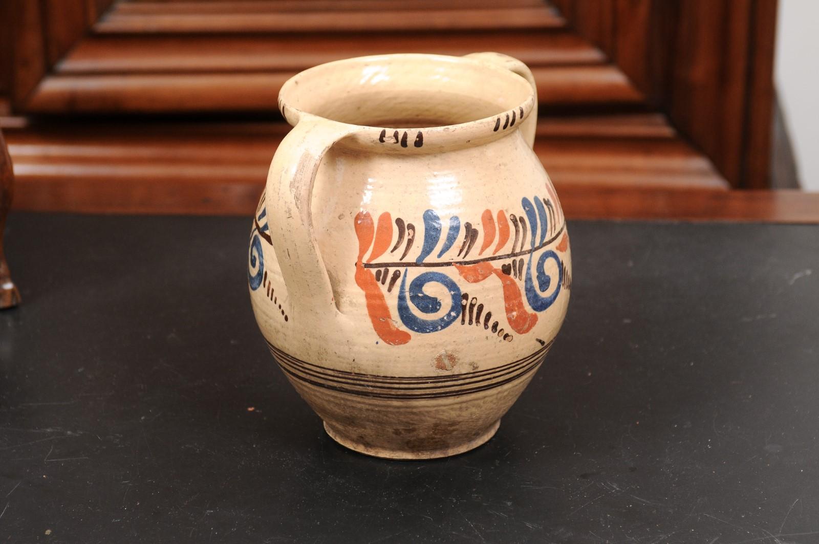 19th Century French Pottery Confit Pot with Cream Glaze, Blue and Brown Motifs 3