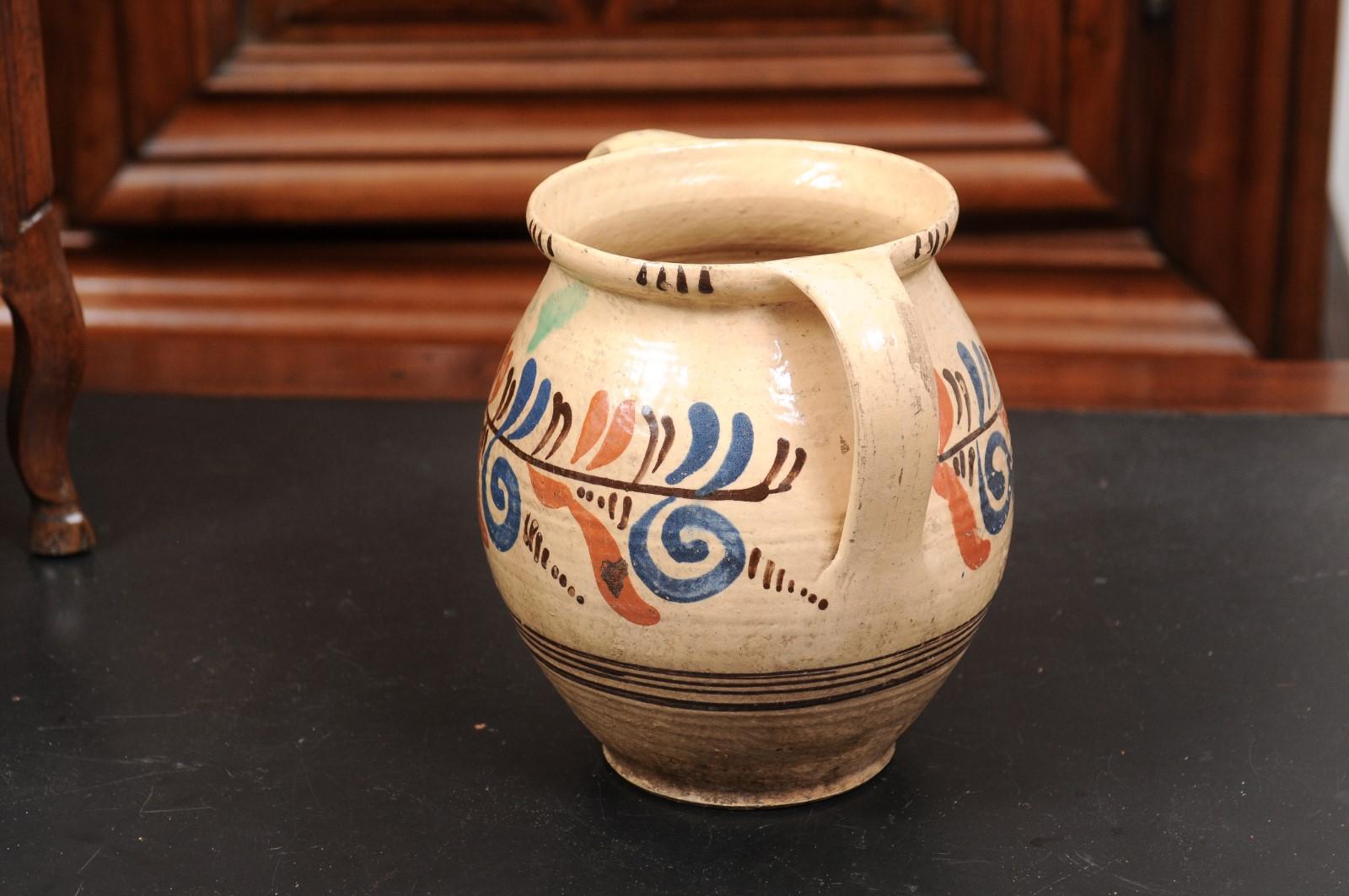 19th Century French Pottery Confit Pot with Cream Glaze, Blue and Brown Motifs 4