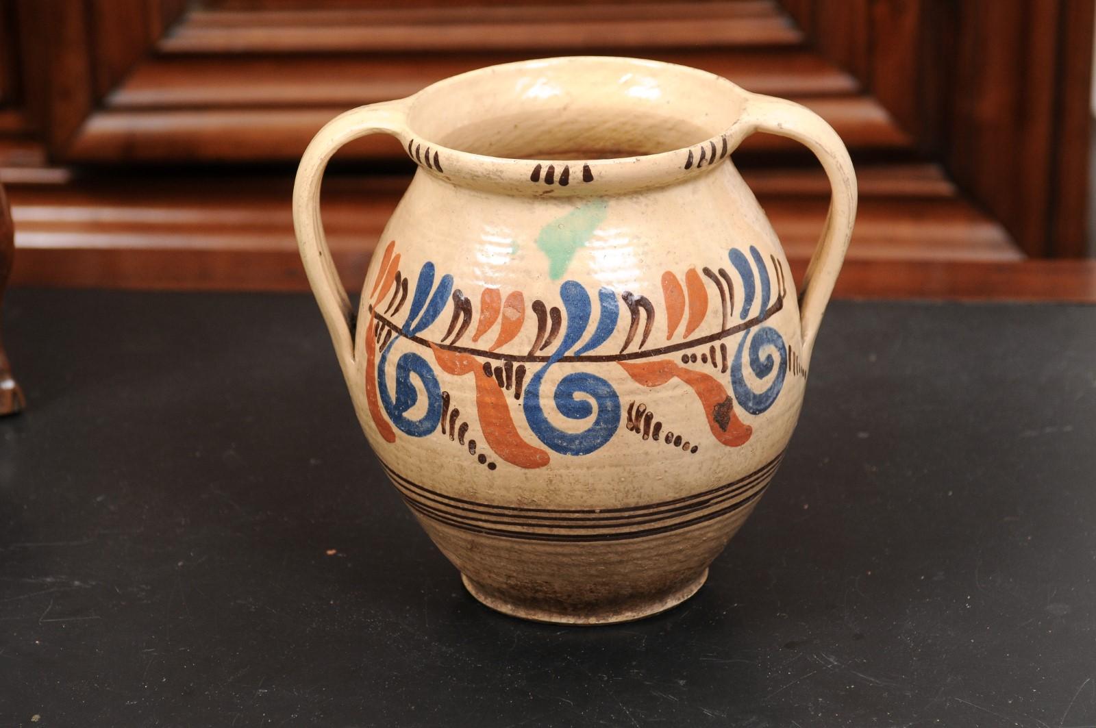19th Century French Pottery Confit Pot with Cream Glaze, Blue and Brown Motifs 5