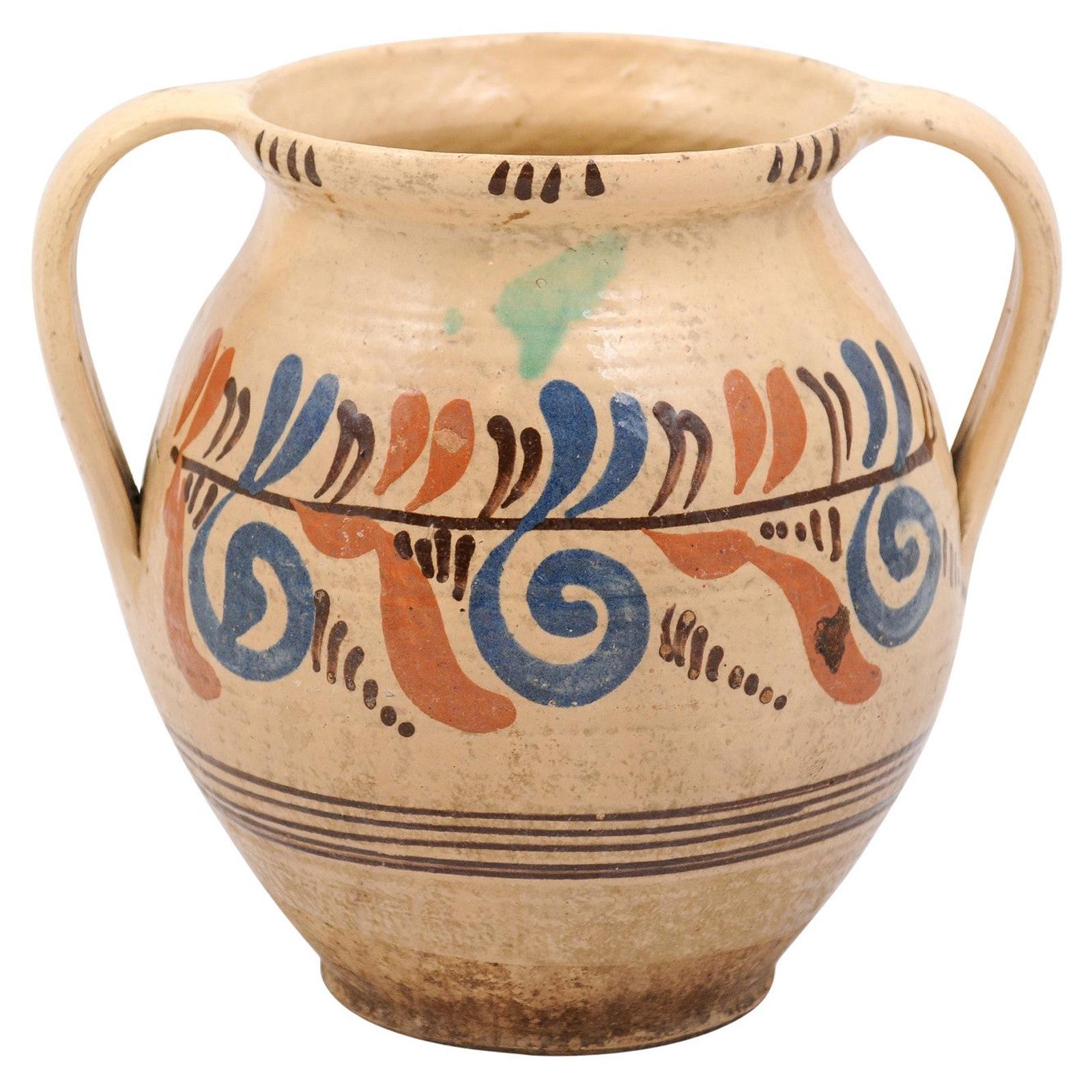 19th Century French Pottery Confit Pot with Cream Glaze, Blue and Brown Motifs
