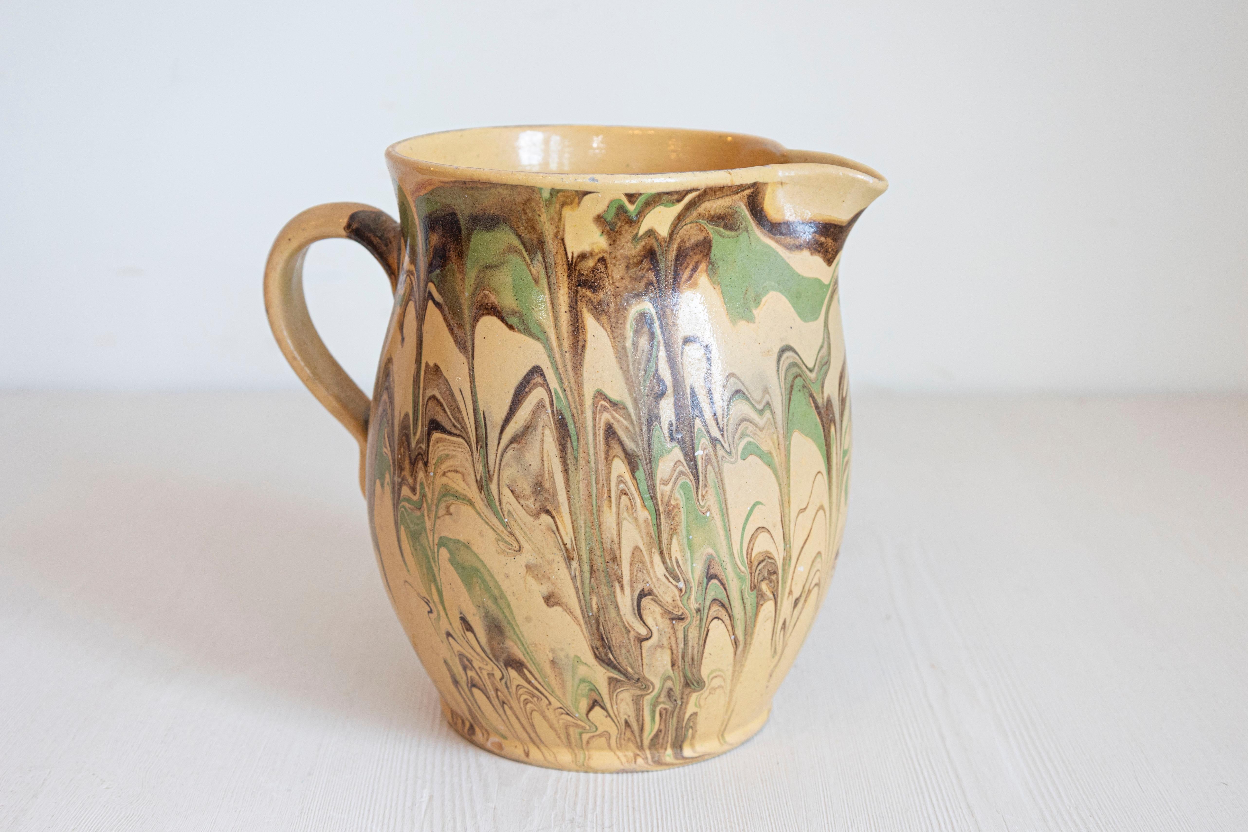 Glazed 19th Century French Pottery Pitcher with Green and Brown Marble Style Design For Sale