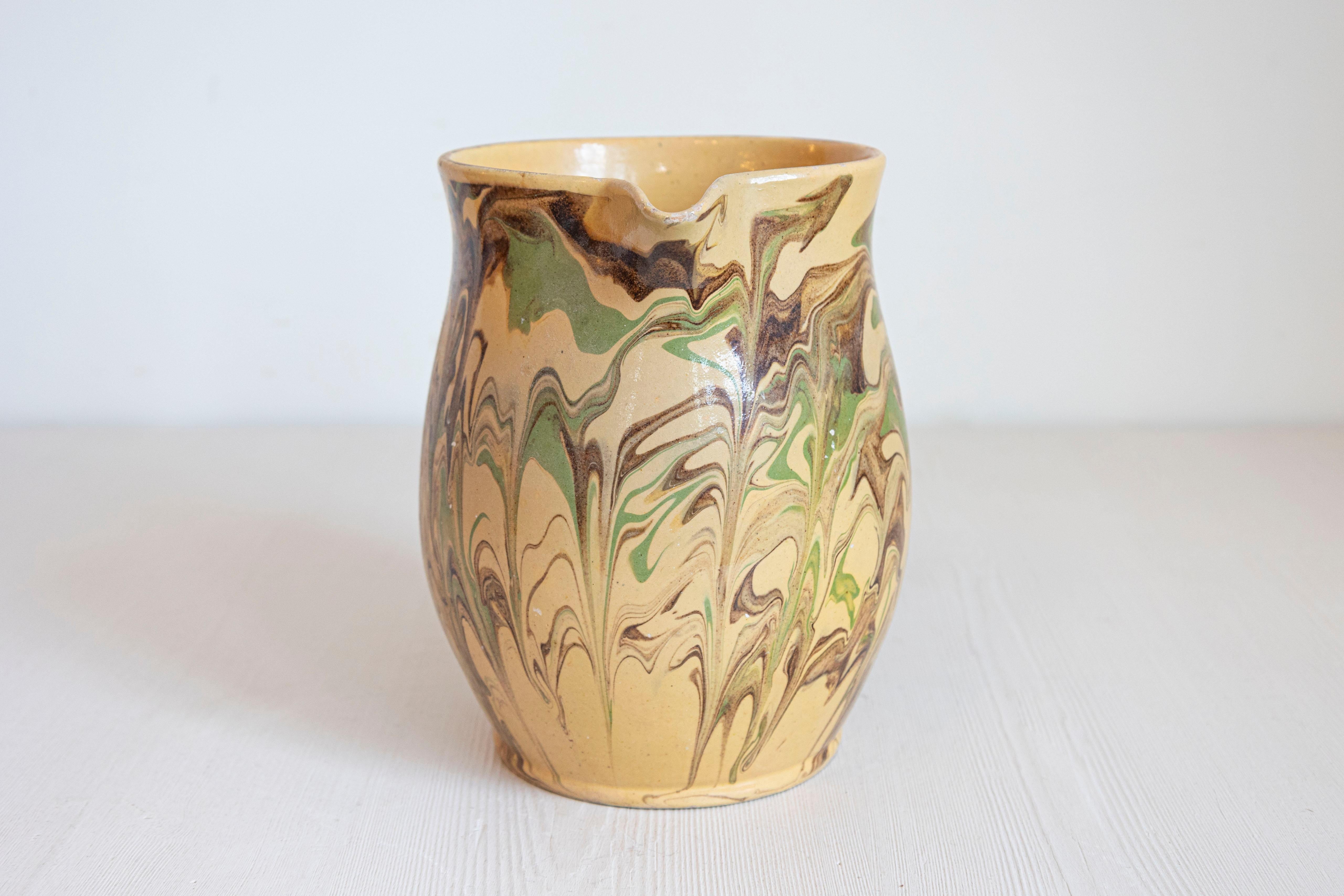19th Century French Pottery Pitcher with Green and Brown Marble Style Design In Good Condition For Sale In Atlanta, GA