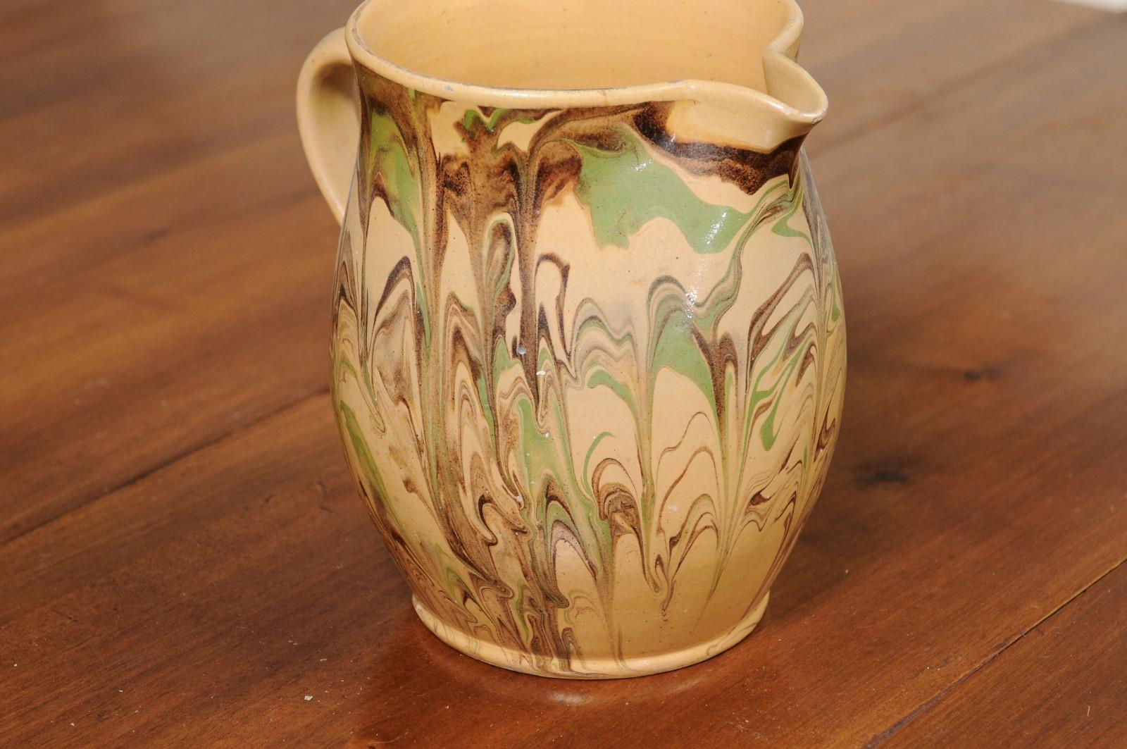 19th Century French Pottery Pitcher with Green and Brown Marble Style Design For Sale 1
