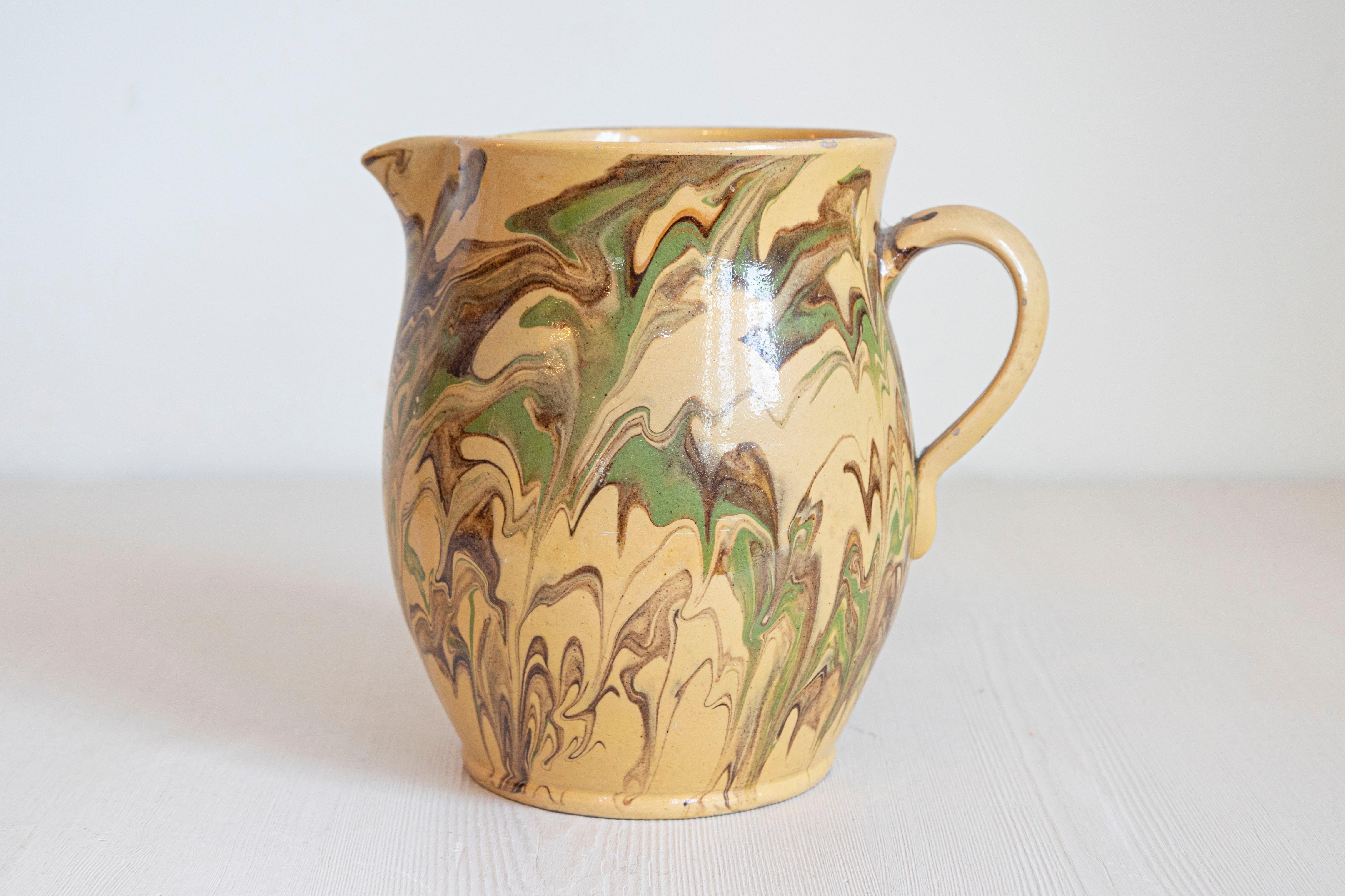 19th Century French Pottery Pitcher with Green and Brown Marble Style Design For Sale 1