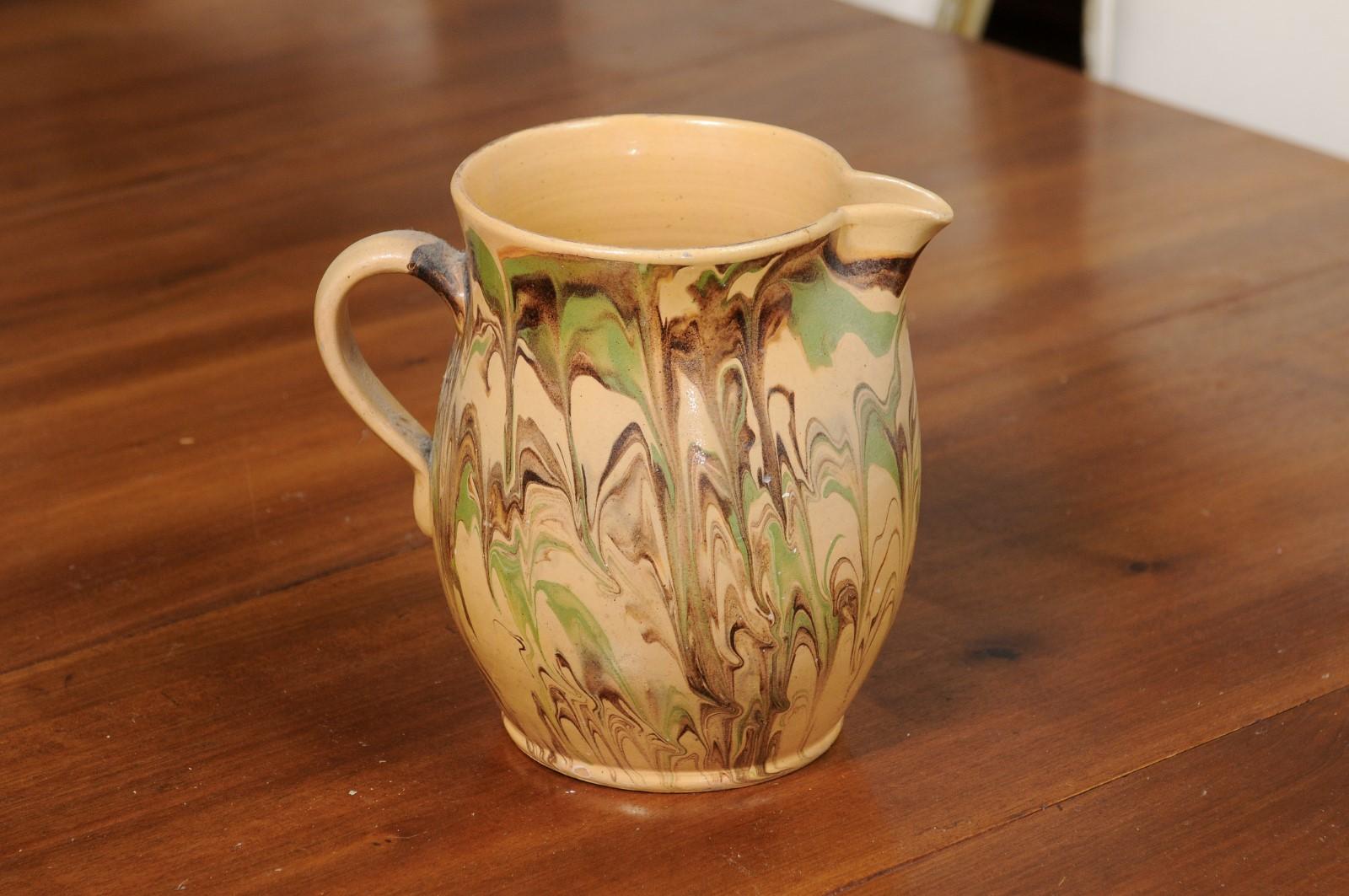 19th Century French Pottery Pitcher with Green and Brown Marble Style Design For Sale 2