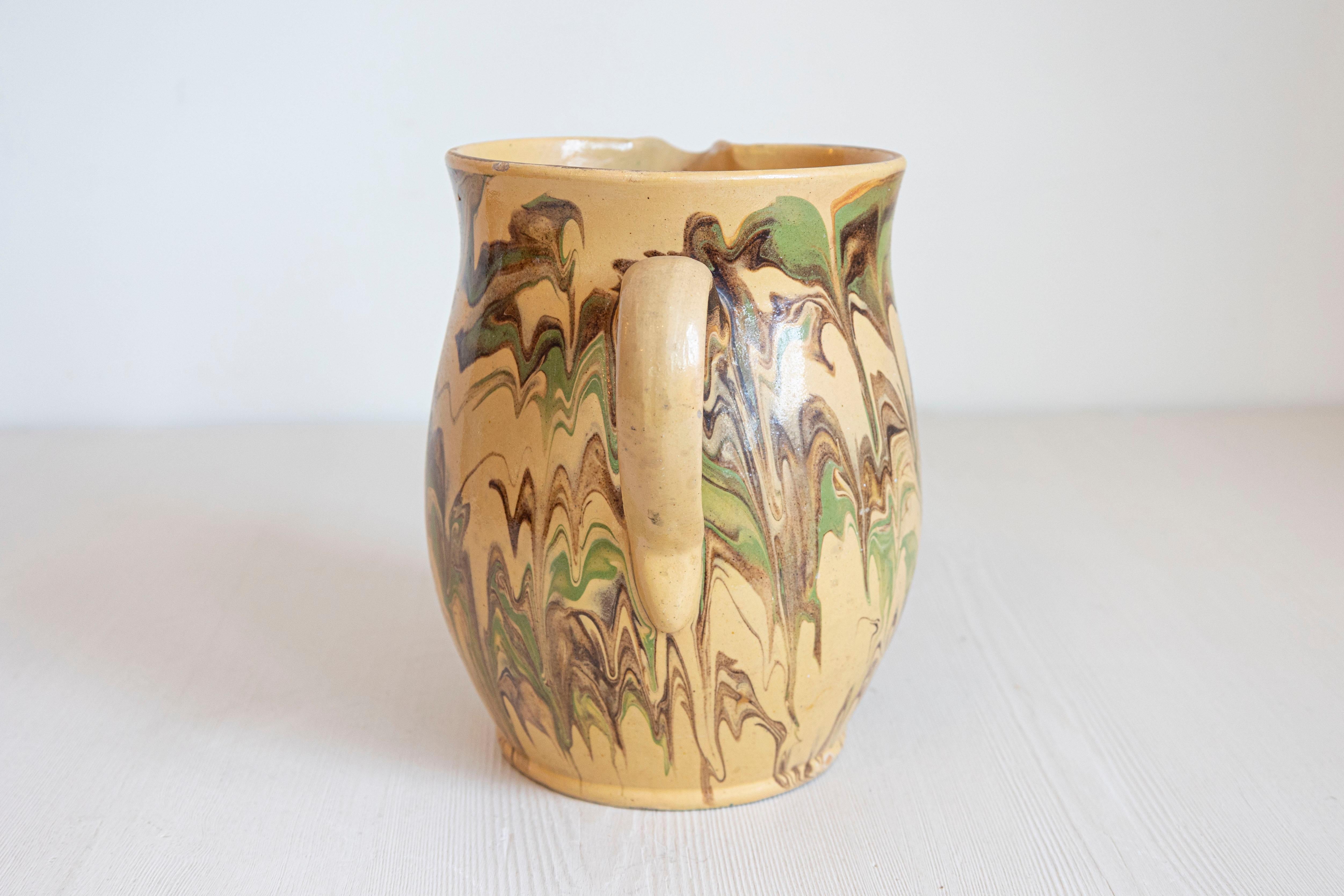 19th Century French Pottery Pitcher with Green and Brown Marble Style Design For Sale 2