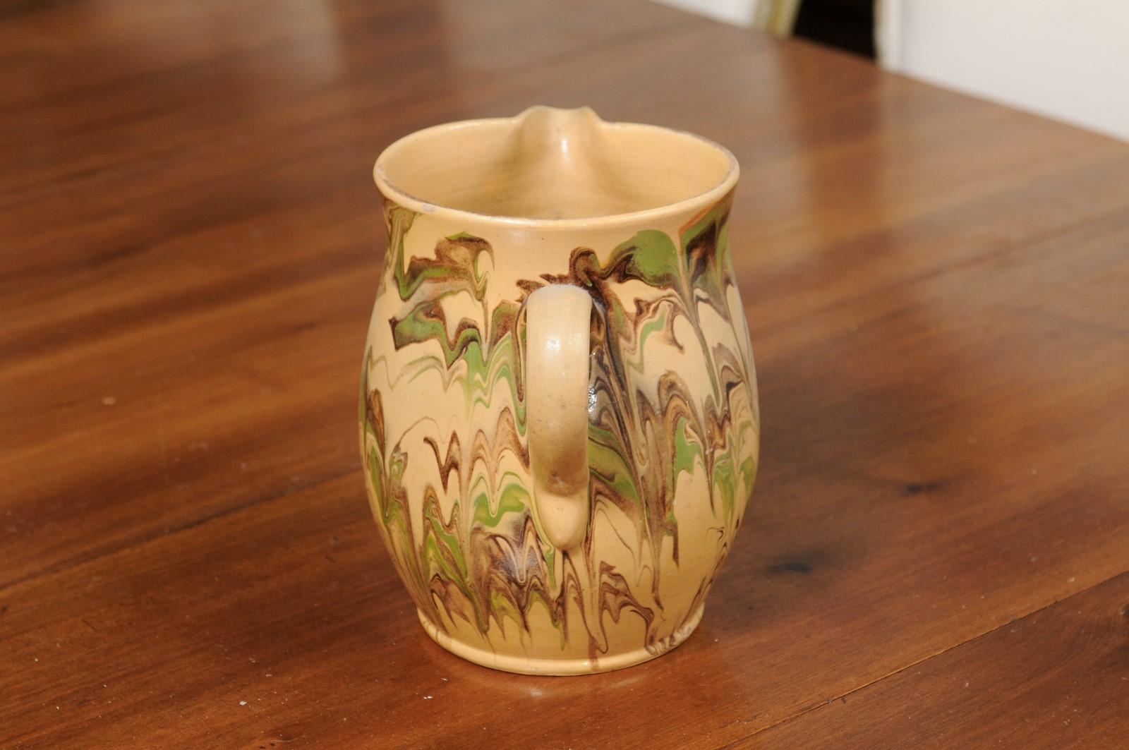 19th Century French Pottery Pitcher with Green and Brown Marble Style Design For Sale 3