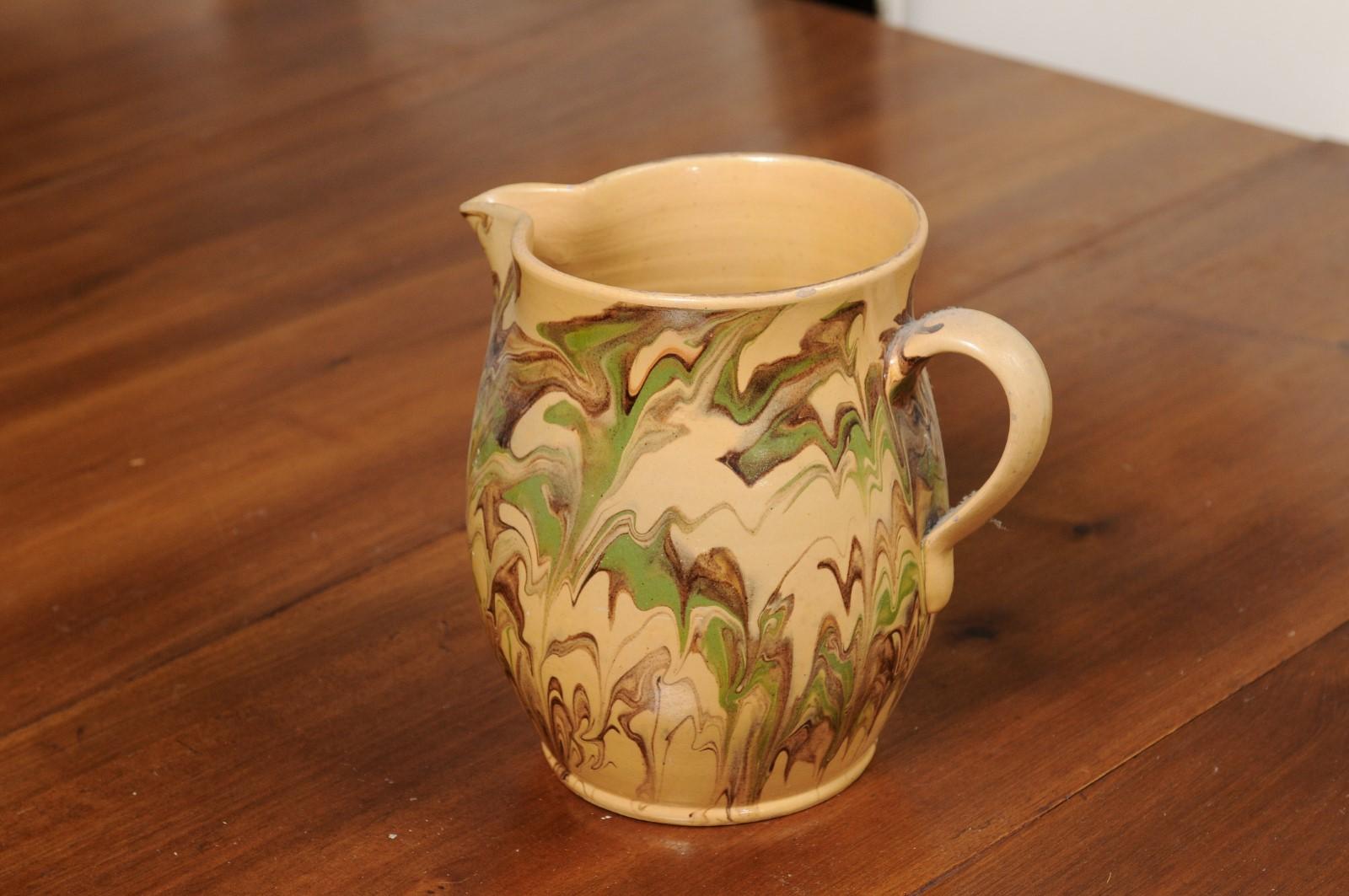 19th Century French Pottery Pitcher with Green and Brown Marble Style Design For Sale 4