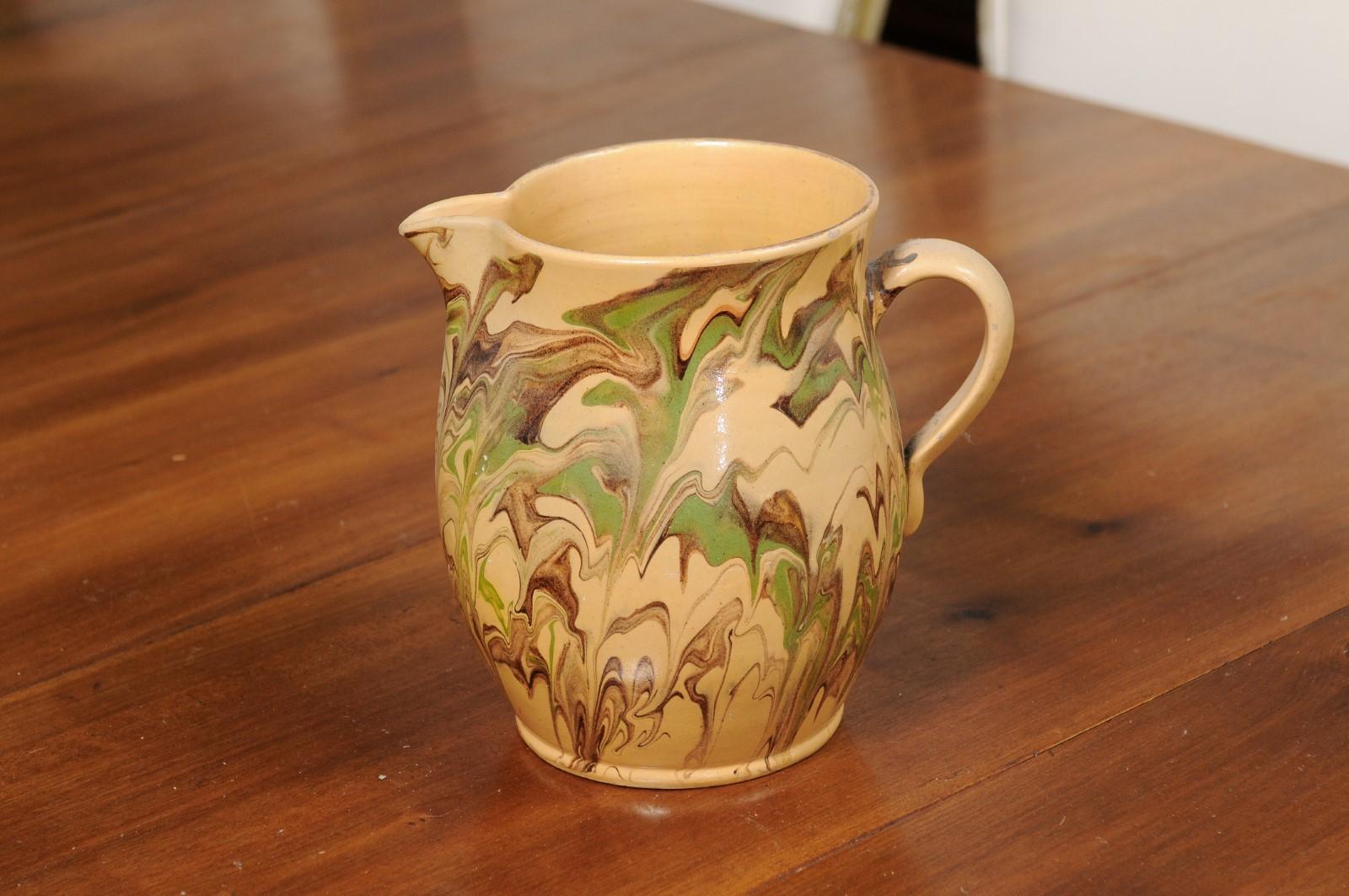 19th Century French Pottery Pitcher with Green and Brown Marble Style Design For Sale 5