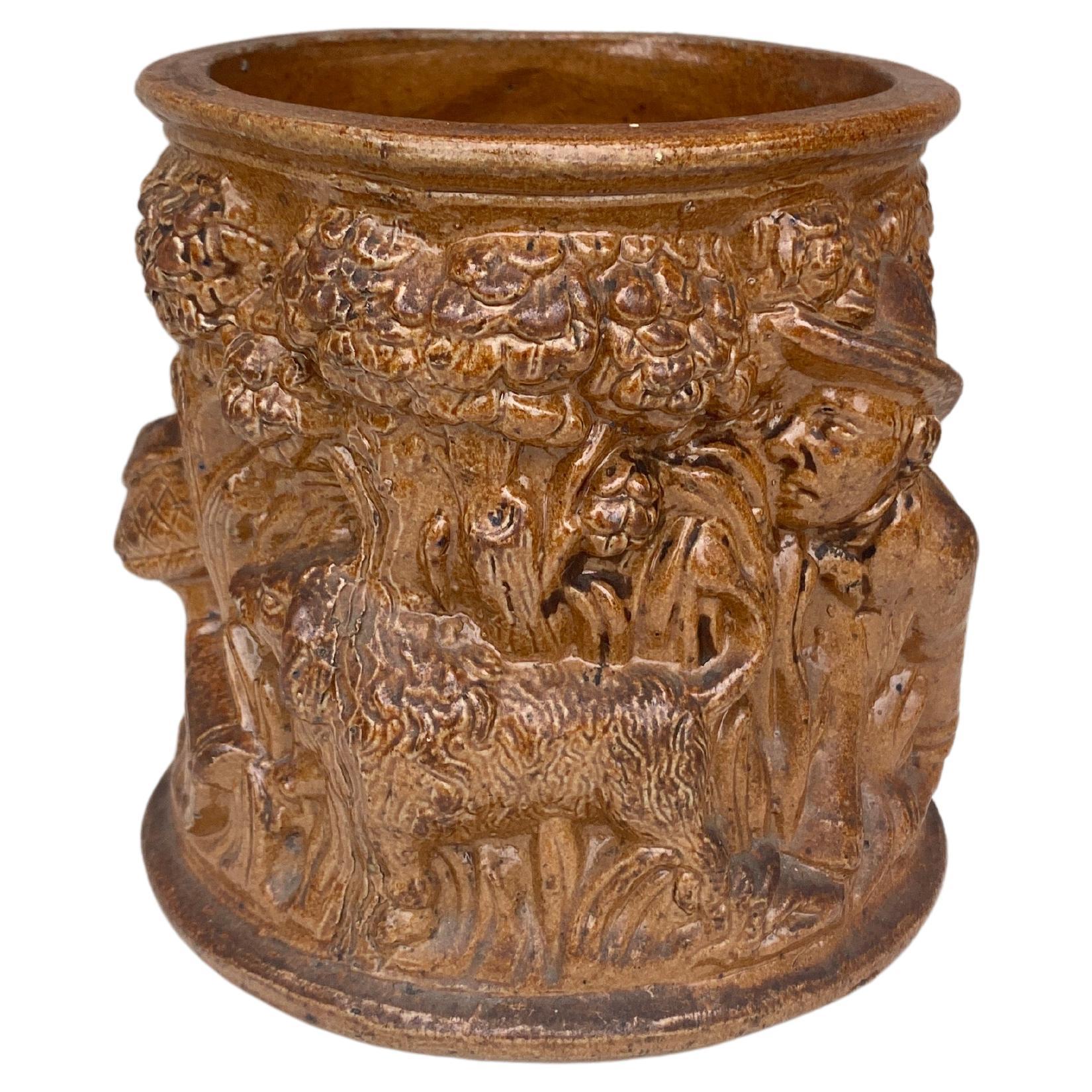 19th Century French Pottery Pot Hunting Scene Normandy For Sale