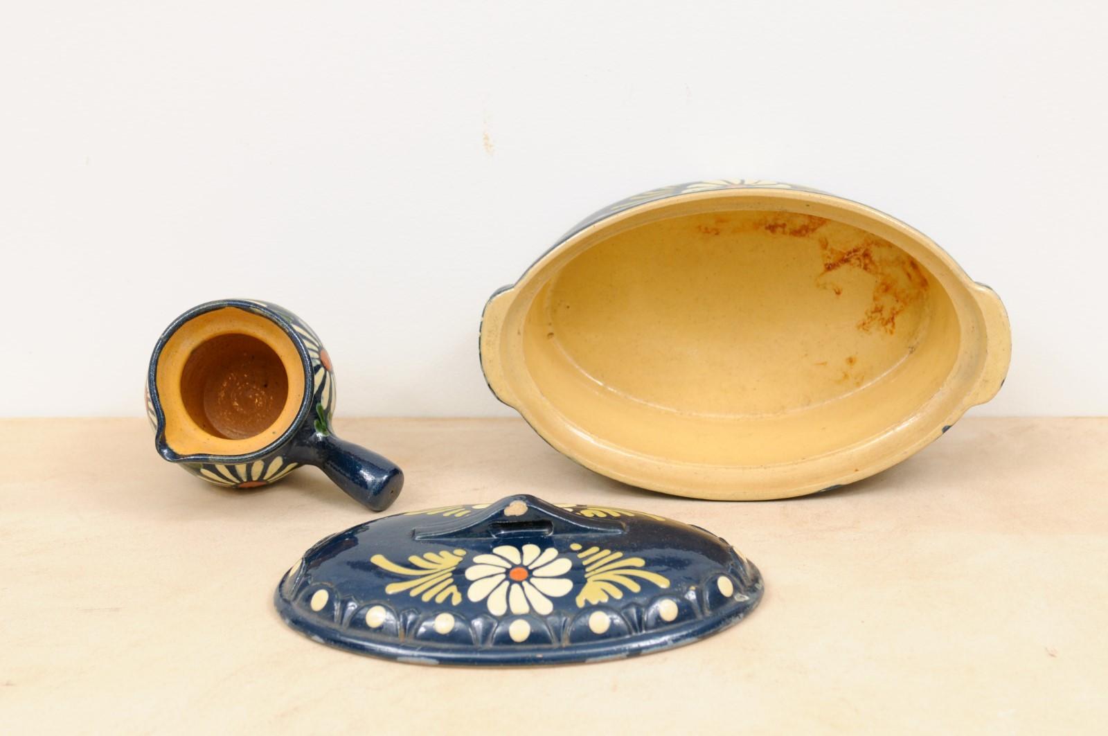19th Century French Pottery Serving Pieces with Blue Glaze and White Daisies For Sale 8