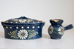 19th Century French Pottery Serving Pieces with Blue Glaze and White Daisies