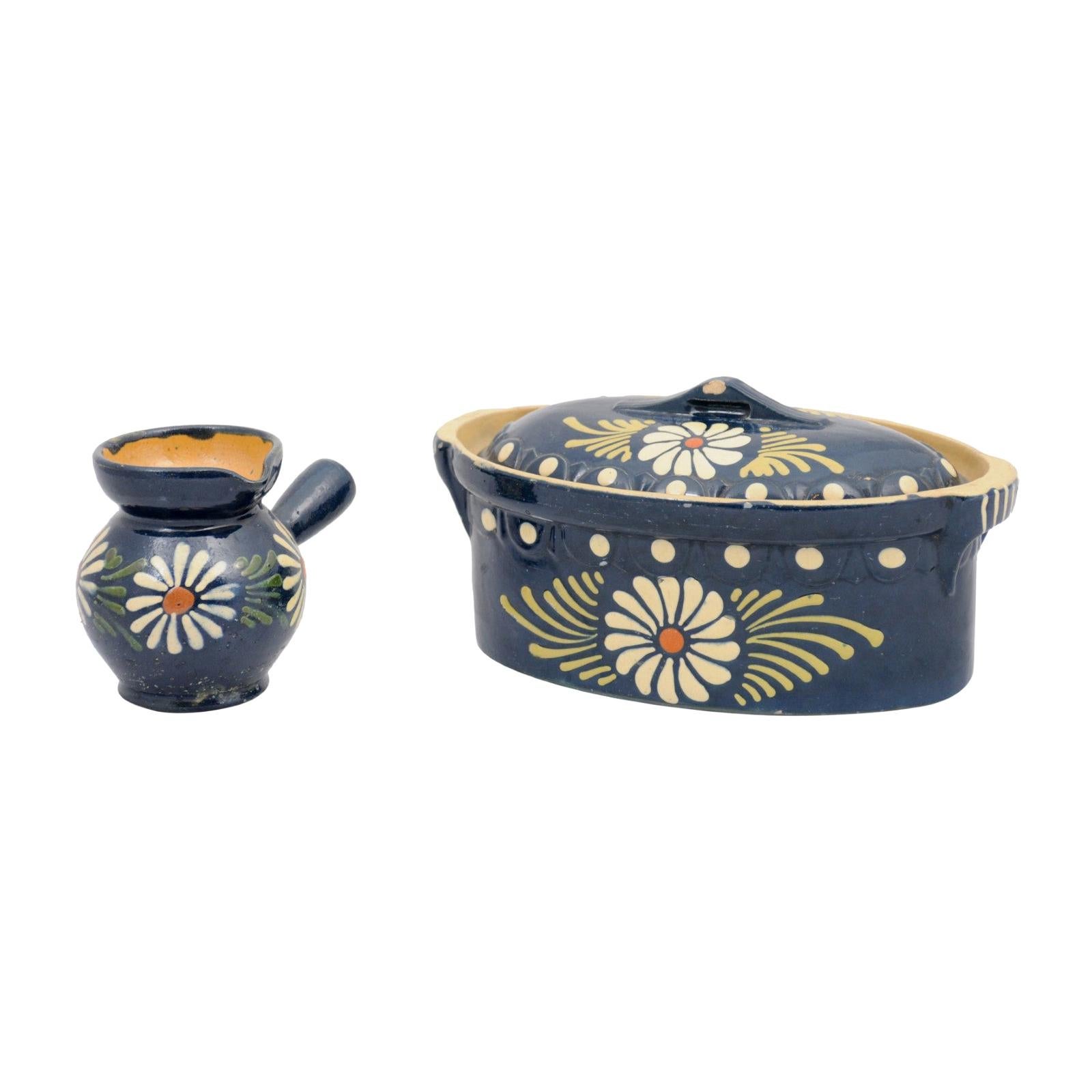 19th Century French Pottery Serving Pieces with Blue Glaze and White Daisies For Sale