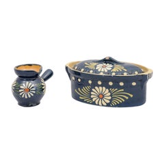 19th Century French Pottery Serving Pieces with Blue Glaze and White Daisies