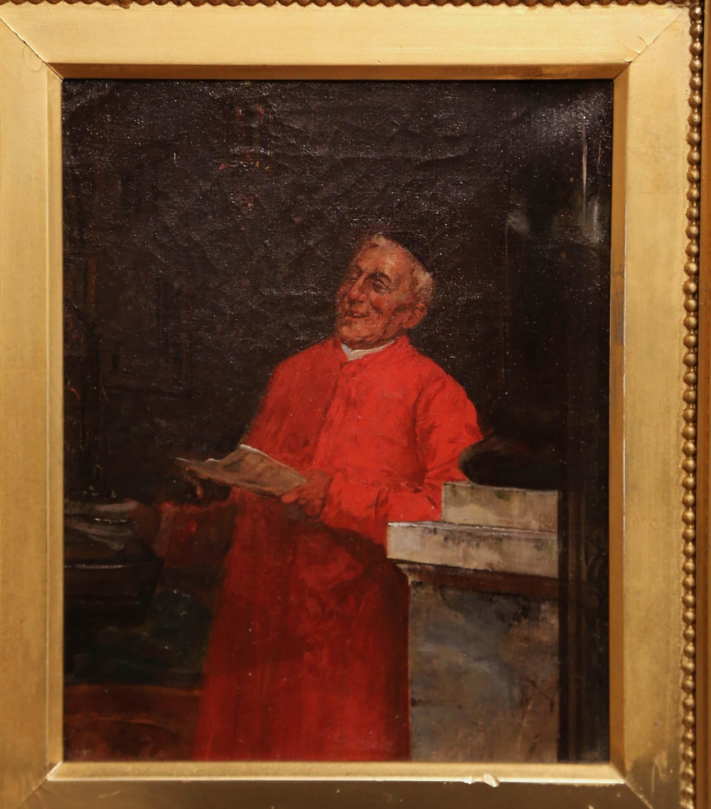 This antique portrait painting was created in France, circa 1850. The rectangular artwork is set inside a carved giltwood frame and depicts a French cardinal dressed in a traditional red cassock. His expression is jovial, he smiles and appears to be