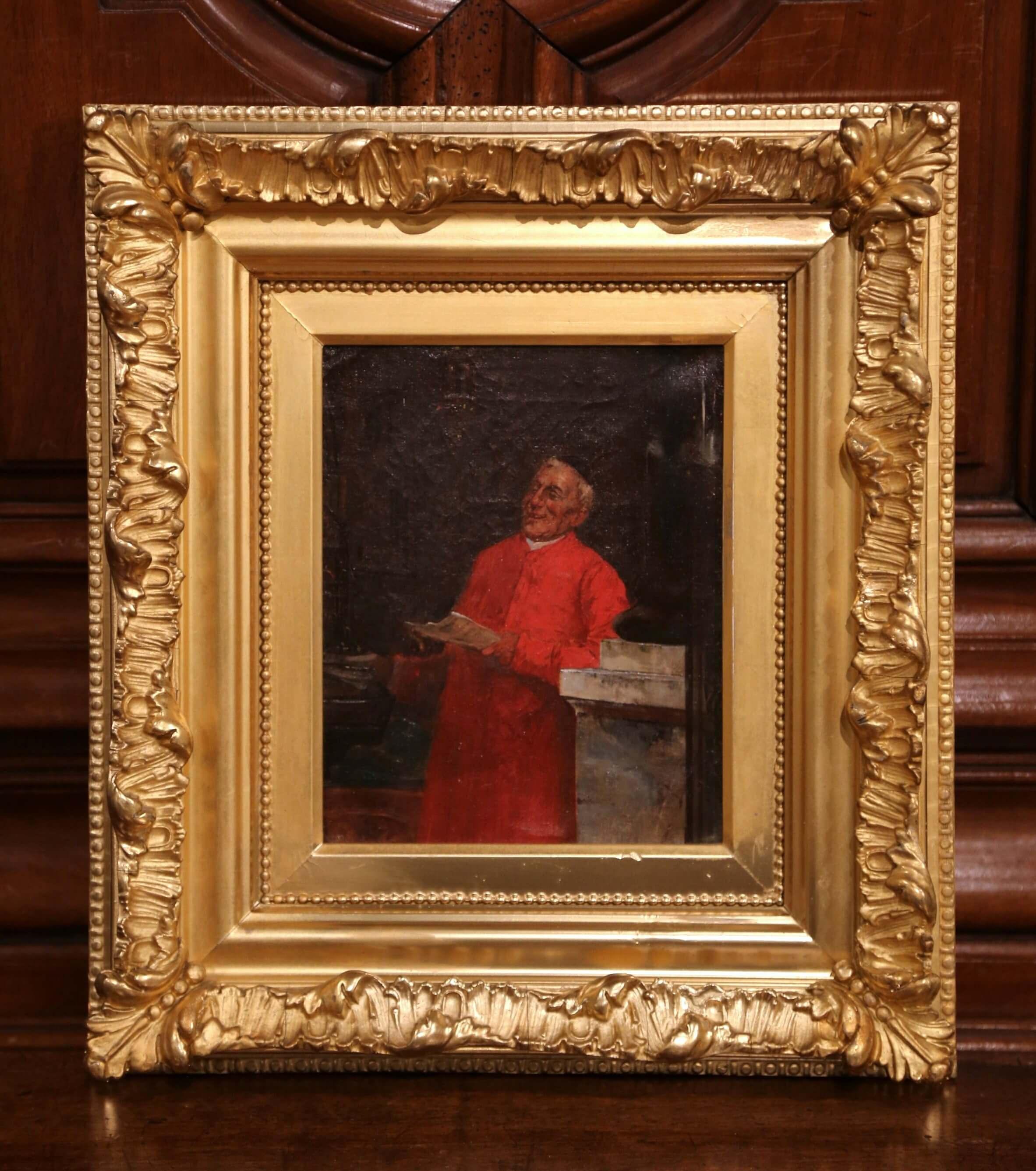 Carved 19th Century French Priest Oil on Canvas Painting in Giltwood Frame