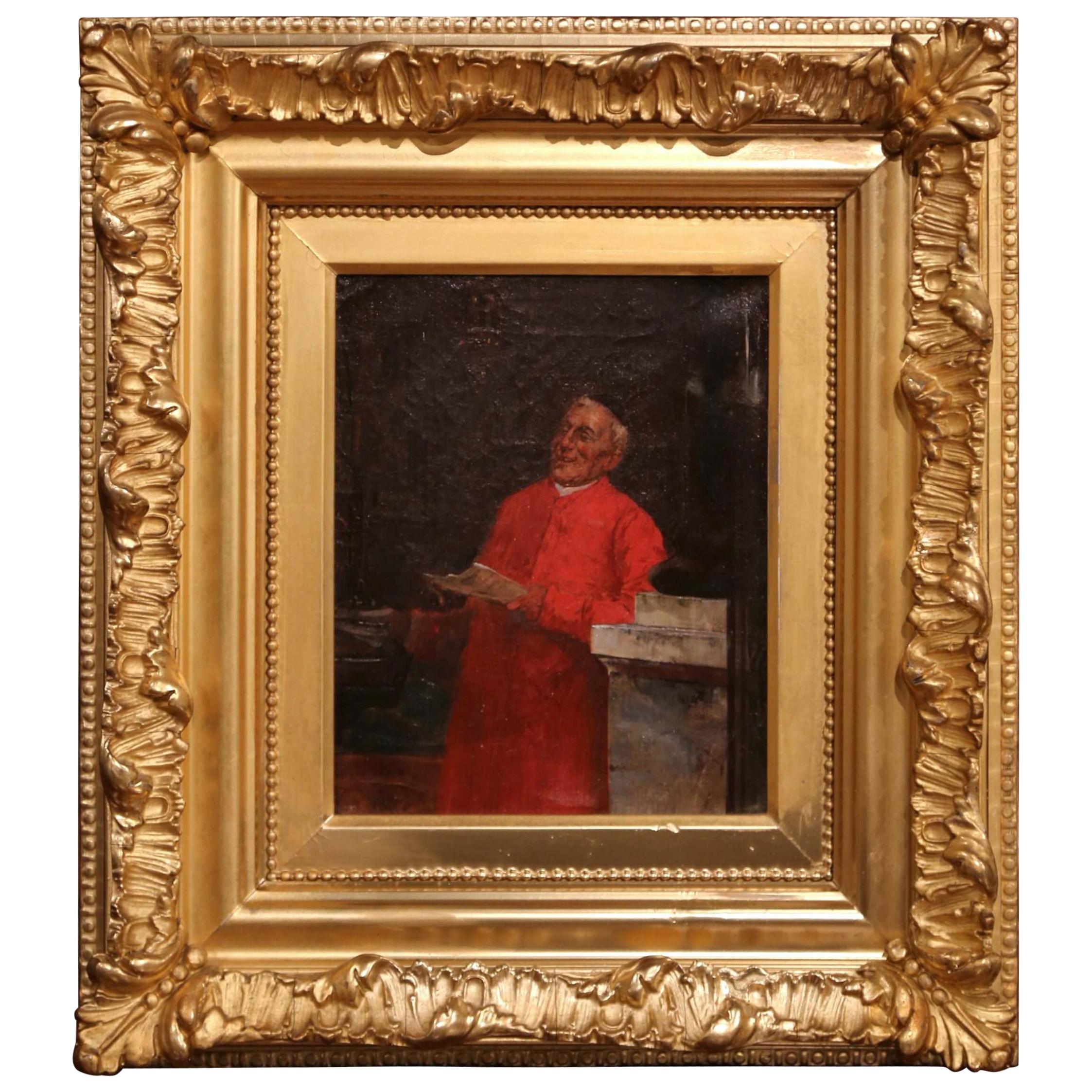 19th Century French Priest Oil on Canvas Painting in Giltwood Frame