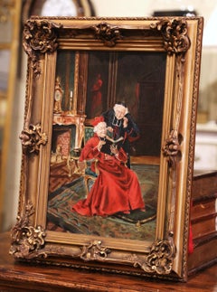 19th Century French Priest Oil Painting in Carved Giltwood Frame Signed M. Valle