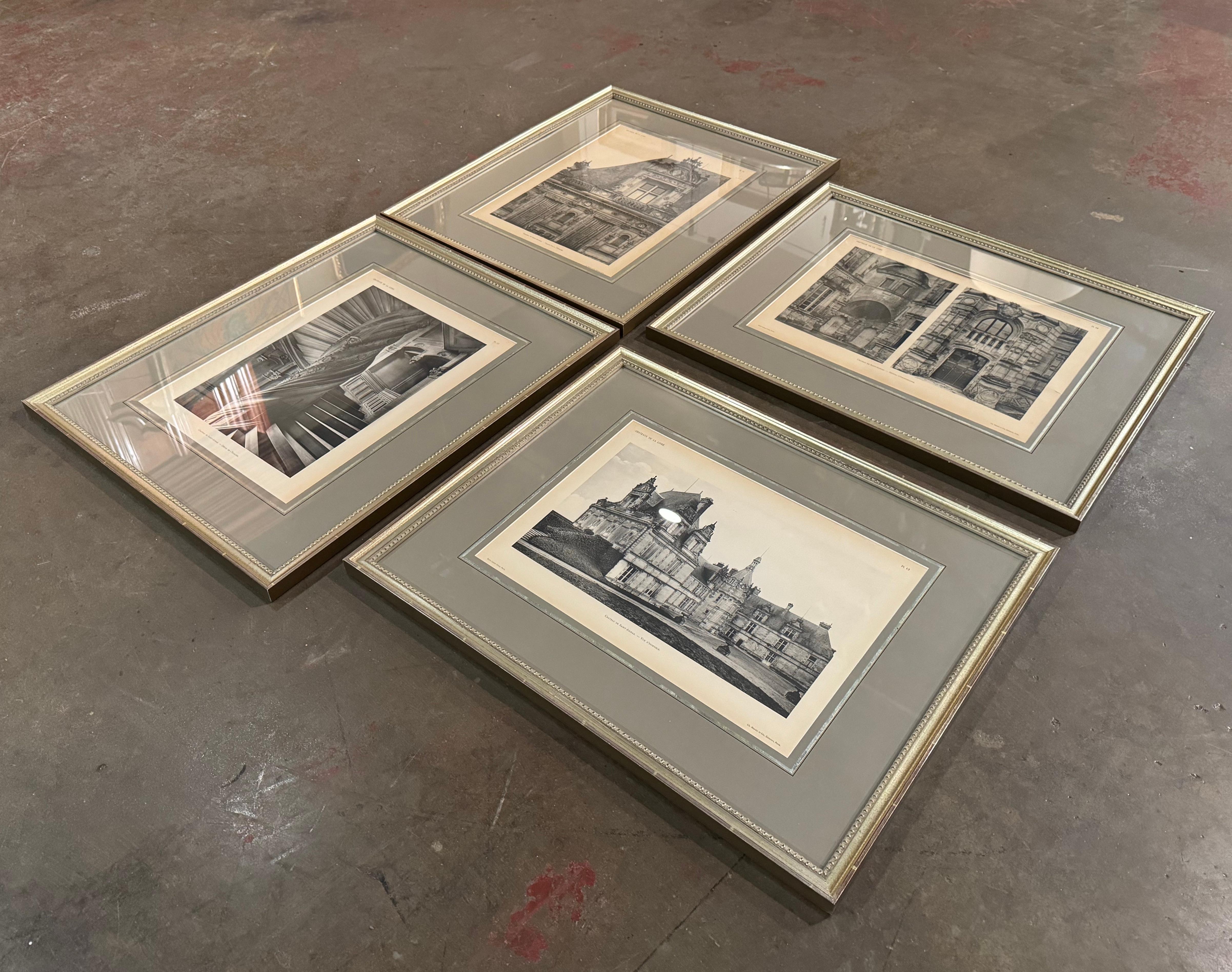 Decorate a study of office with this elegant suite of antique black and white prints. Created in Paris France circa 1870 by Helio Catala Freres and edited by Charles Massin et Cie, each large artwork depicts the Chateau de Saint Aignan in the Loire