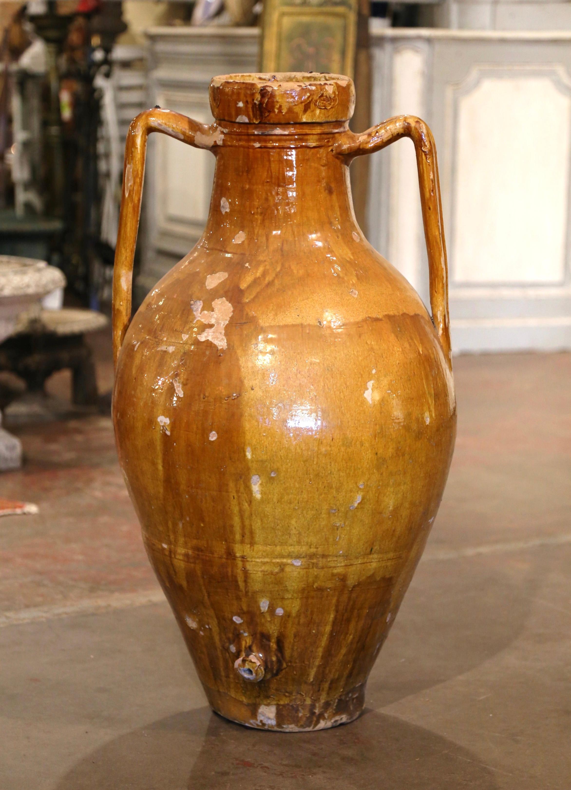 Italian 19th Century French Provencal Mustard Glazed Terracotta Olive Oil Jar Amphora 