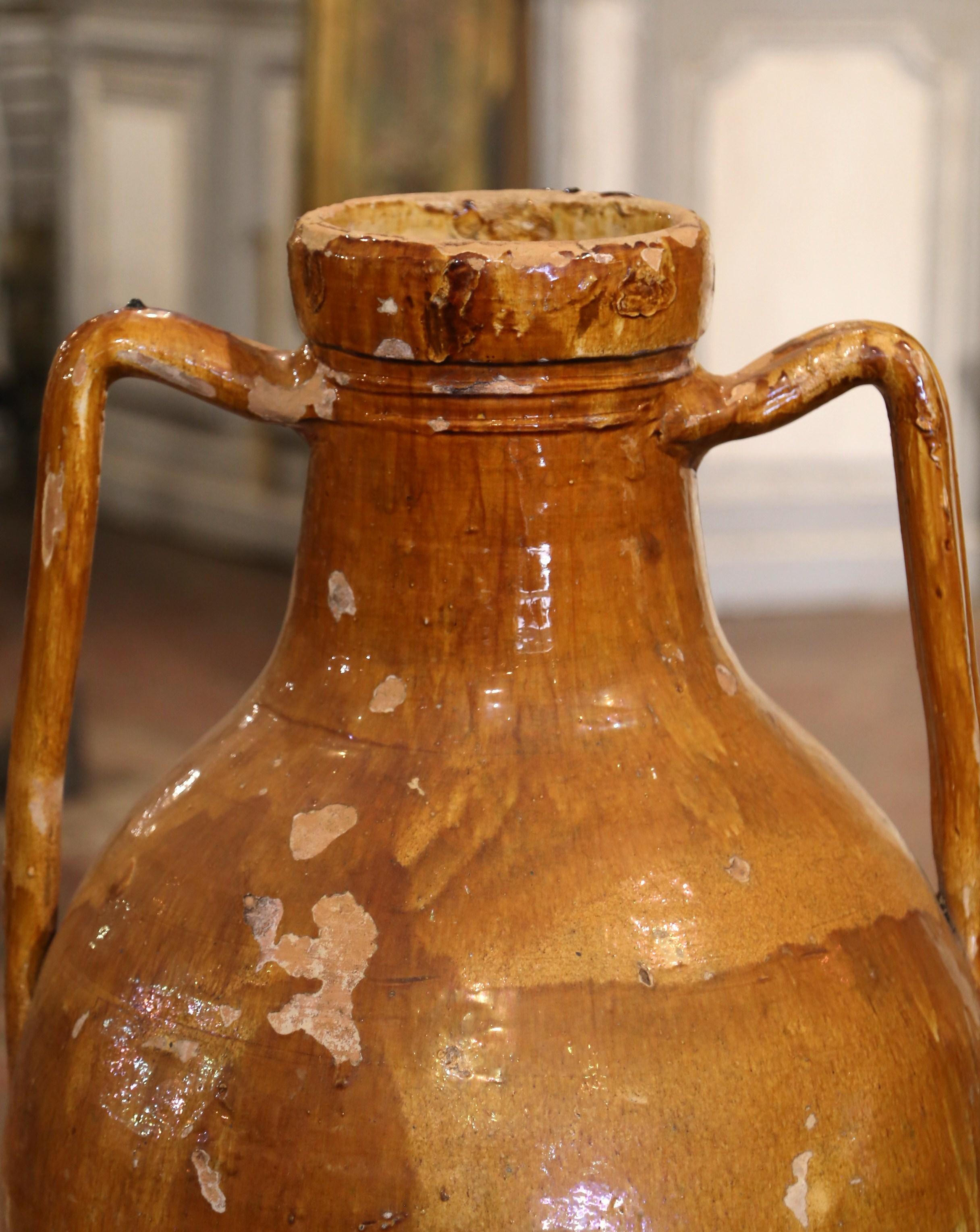 Hand-Painted 19th Century French Provencal Mustard Glazed Terracotta Olive Oil Jar Amphora 