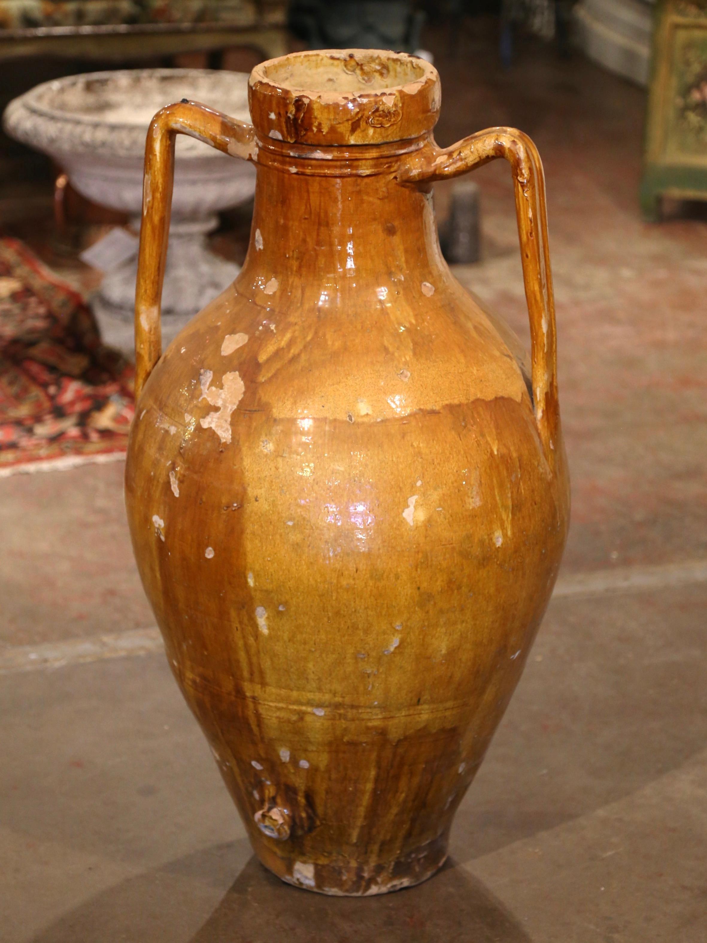 19th Century French Provencal Mustard Glazed Terracotta Olive Oil Jar Amphora  In Excellent Condition In Dallas, TX