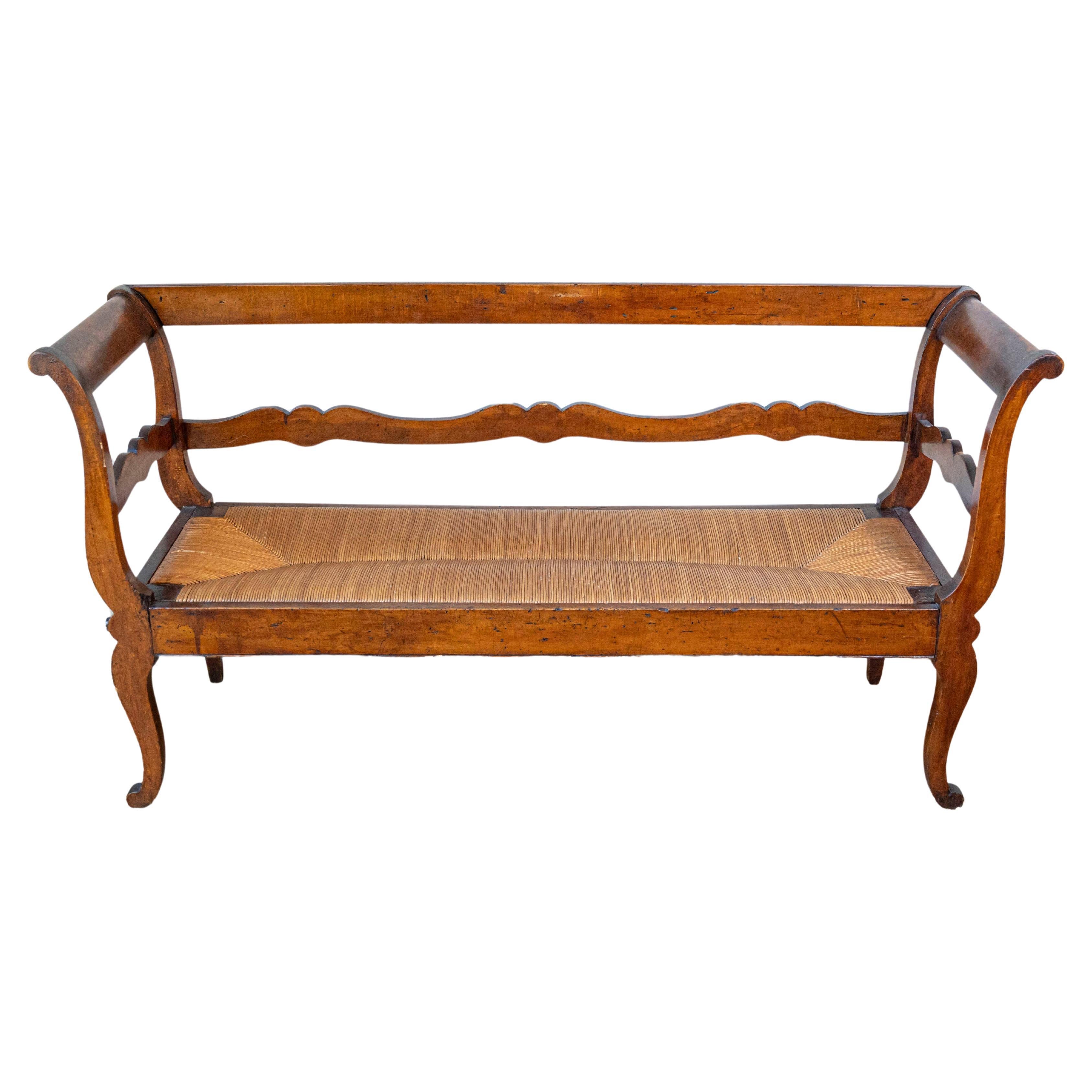 19th Century French Provencal Walnut Sofa Bench With Rush Seat